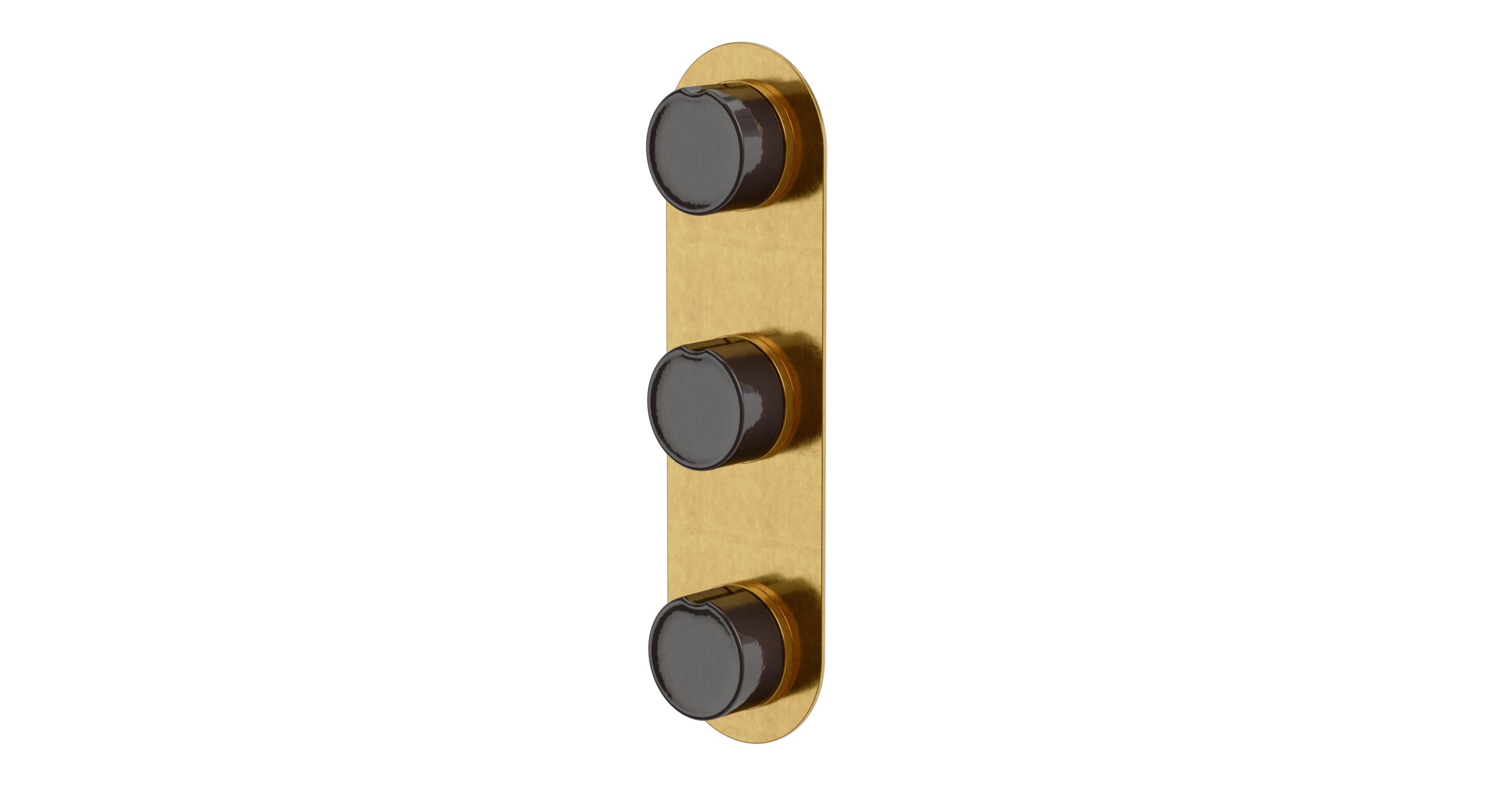 Foundry Three Handle Wall Mount Shower Trim with Groove Ceramic Knob Handles in French Brass