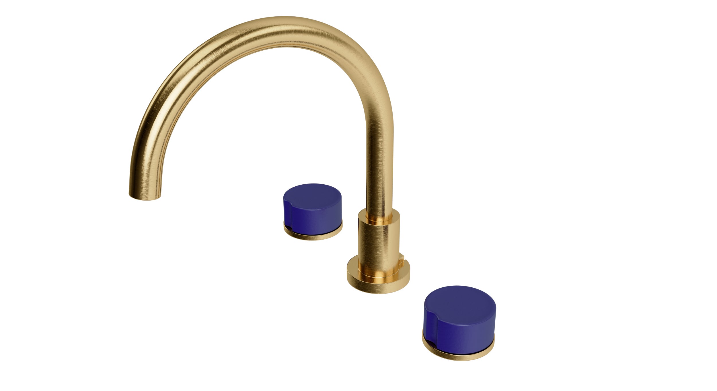 Foundry Two Handle Deck Mount Gooseneck Bath Trim with Groove Ceramic Knob Handles in Satin Brass