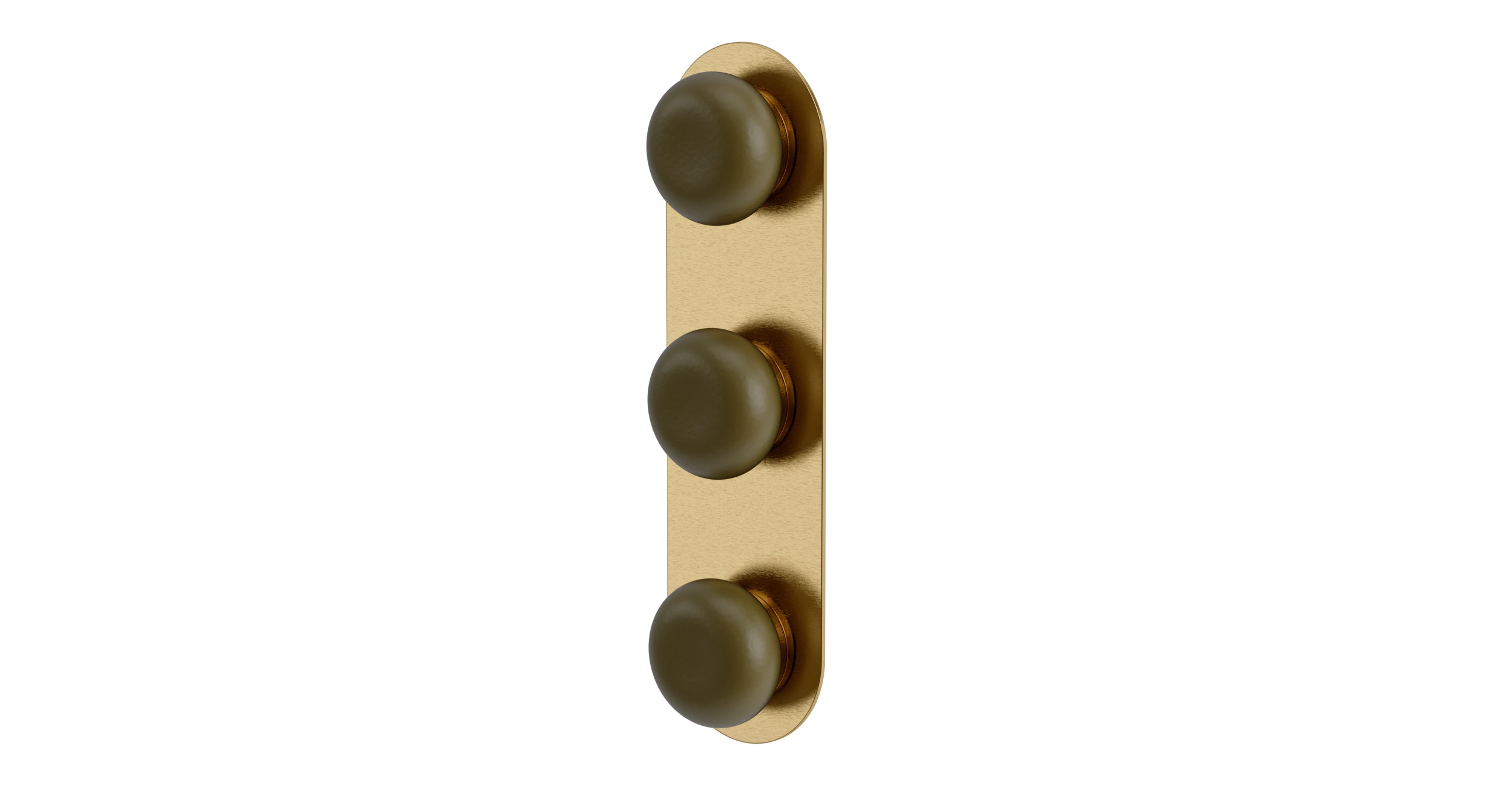 Foundry Three Handle Wall Mount Shower Trim with Pebble Ceramic Knob Handles in Satin Brass