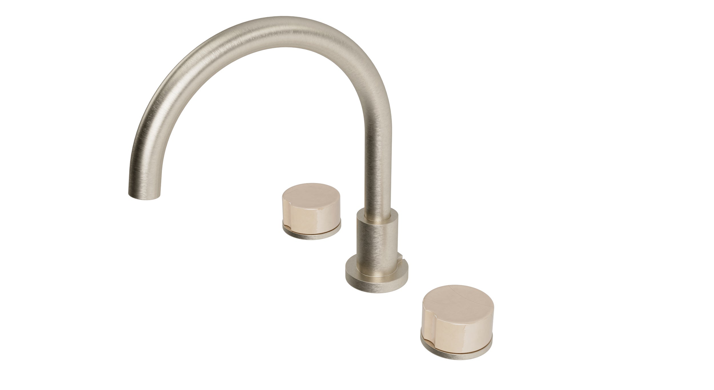 Foundry Two Handle Deck Mount Gooseneck Bath Trim with Groove Ceramic Knob Handles in Satin Nickel