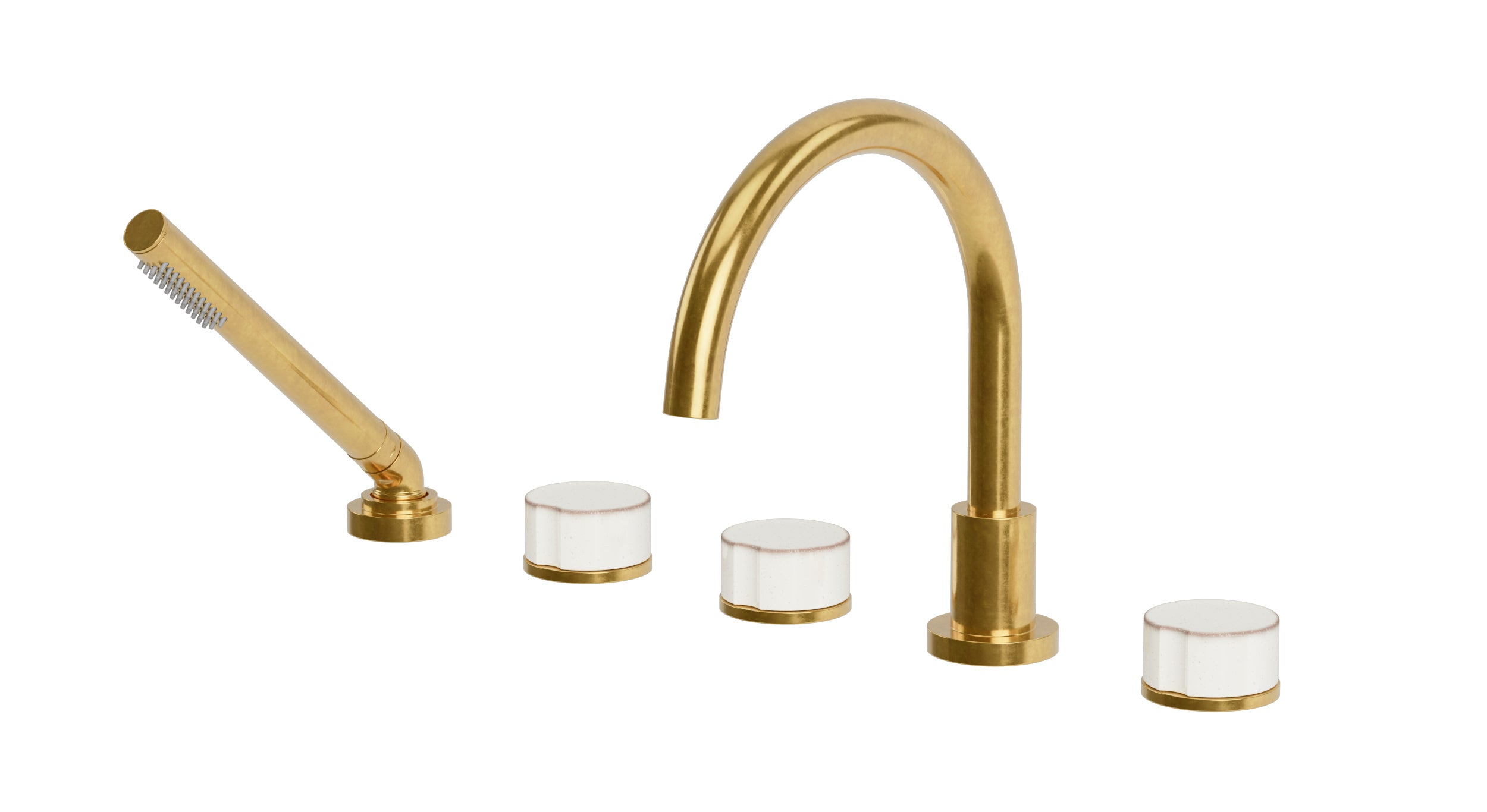 Foundry Three Handle Deck Mount Gooseneck Bath Trim with Hand Shower and Groove Ceramic Knob Handles in French Brass