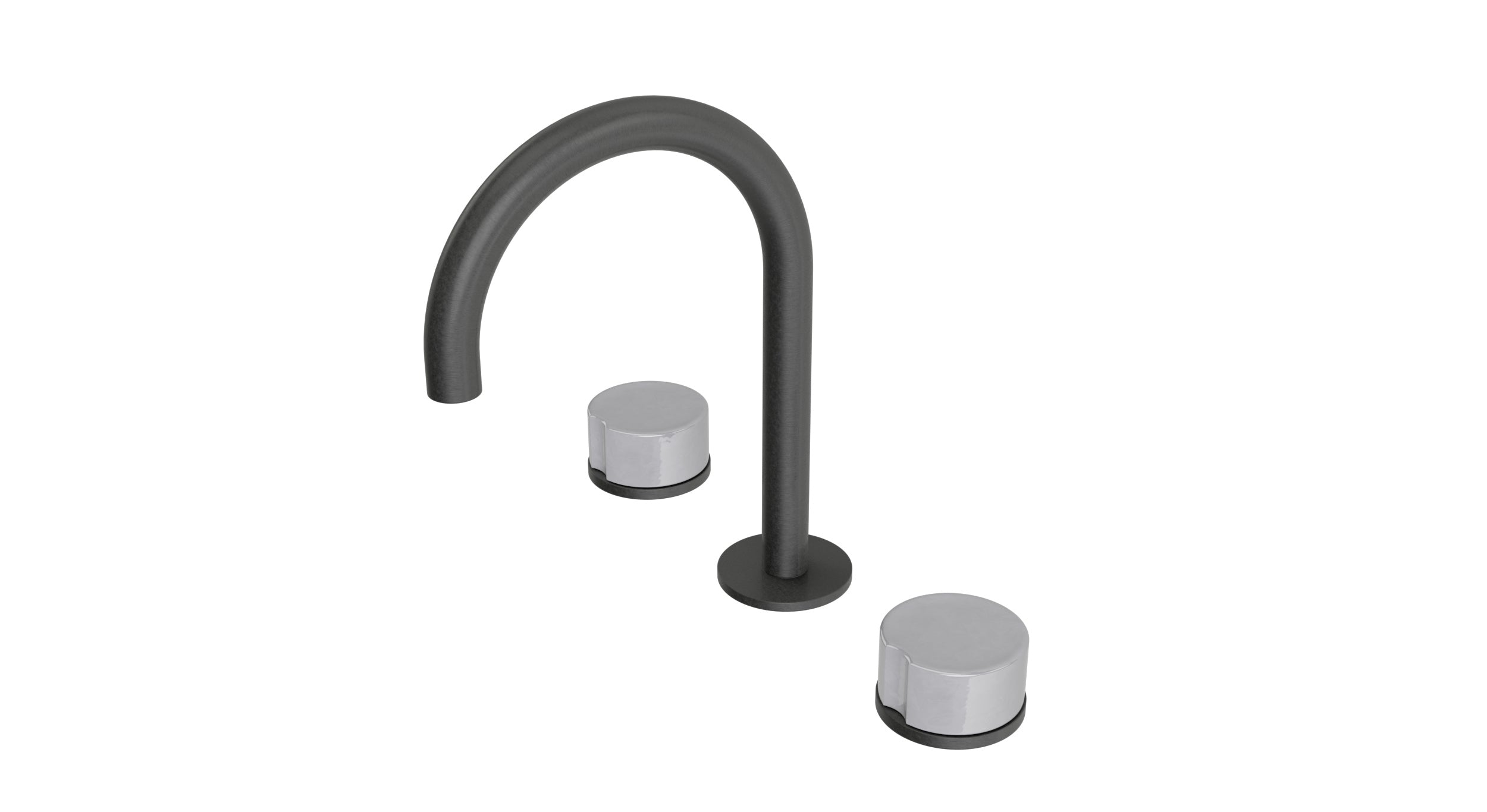 Foundry Two Handle Deck Mount Gooseneck Lavatory Faucet with Groove Ceramic Knob Handles in Blackened Nickel