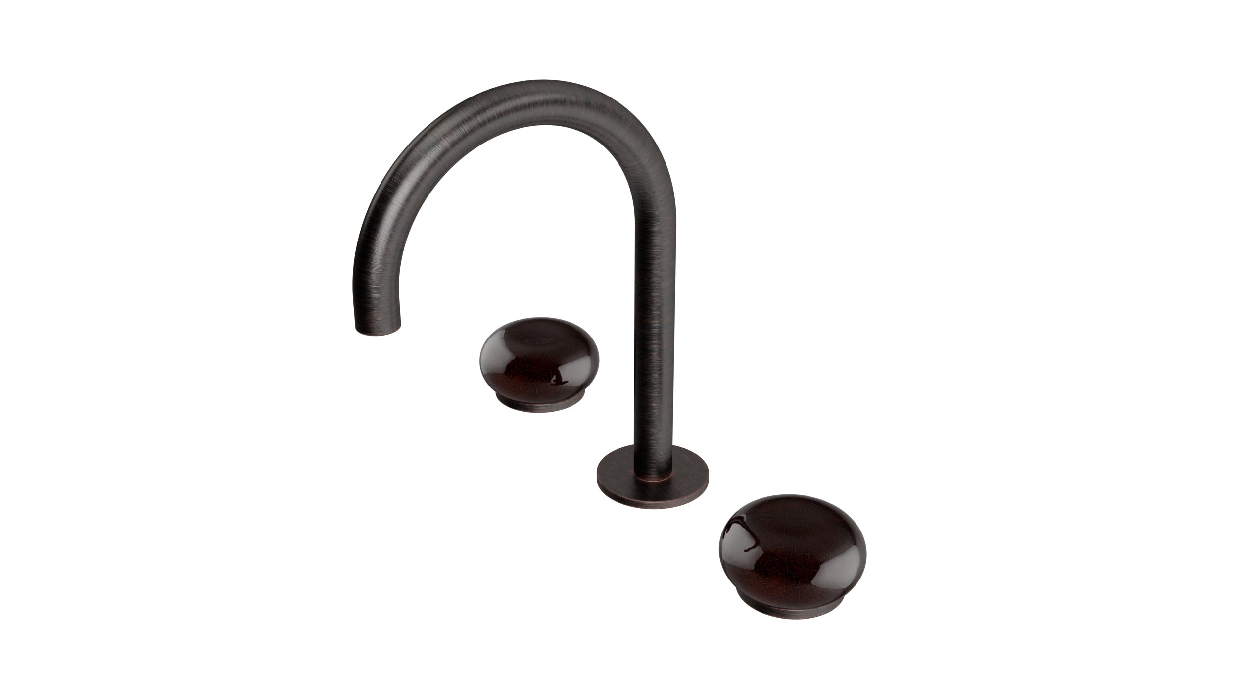 Foundry Two Handle Deck Mount Gooseneck Lavatory Faucet with Pebble Ceramic Knob Handles in Antique Bronze