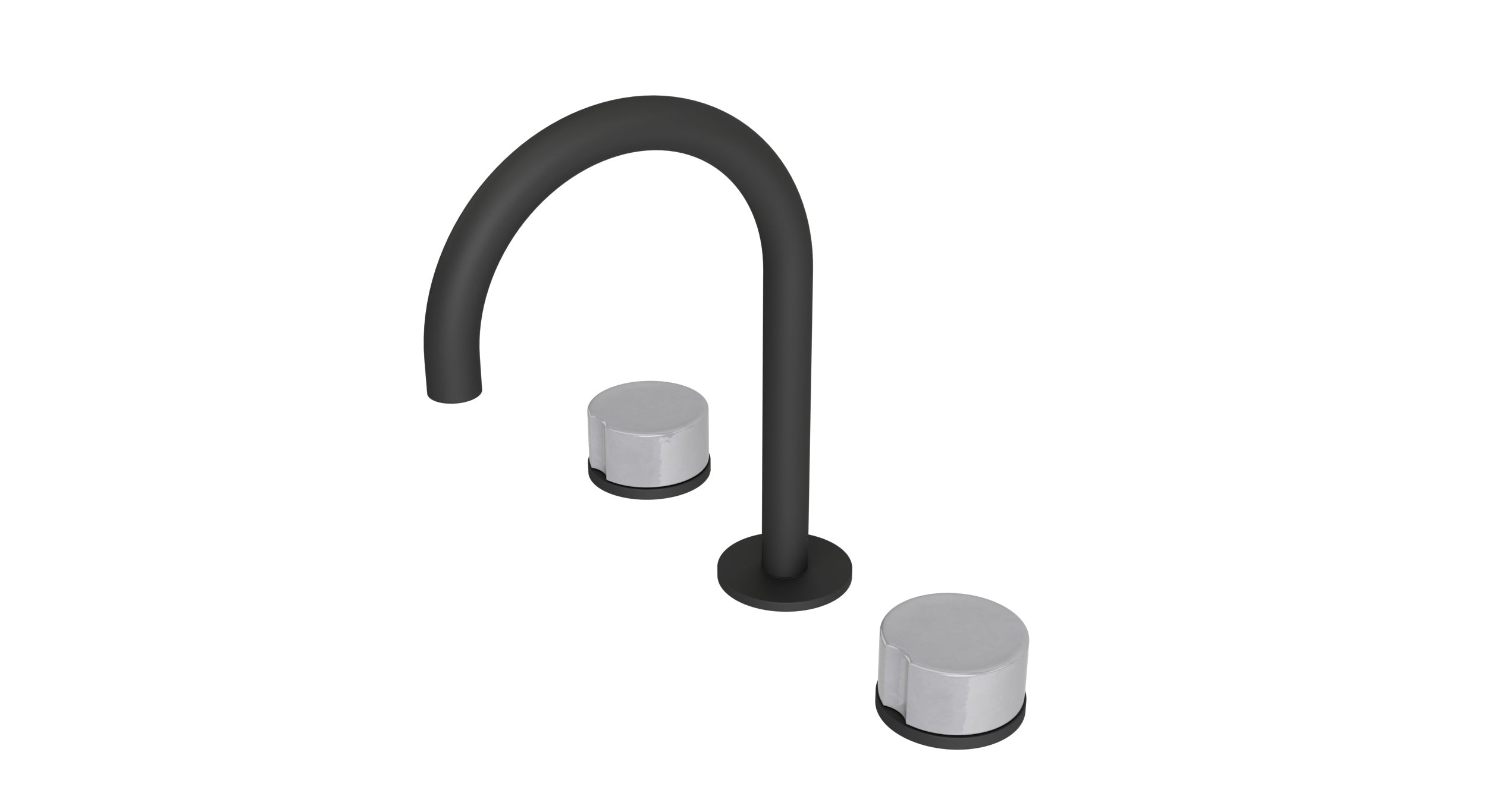 Foundry Two Handle Deck Mount Gooseneck Lavatory Faucet with Groove Ceramic Knob Handles in Matte Black