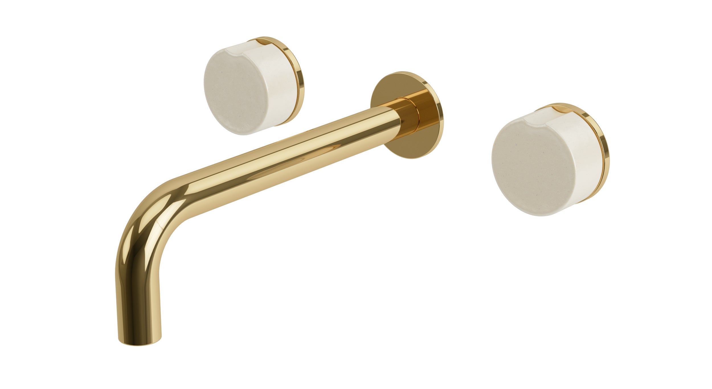 Foundry Two Handle Wall Mount 7.5" Lavatory Faucet with Groove Ceramic Knob Handles in Polished Brass
