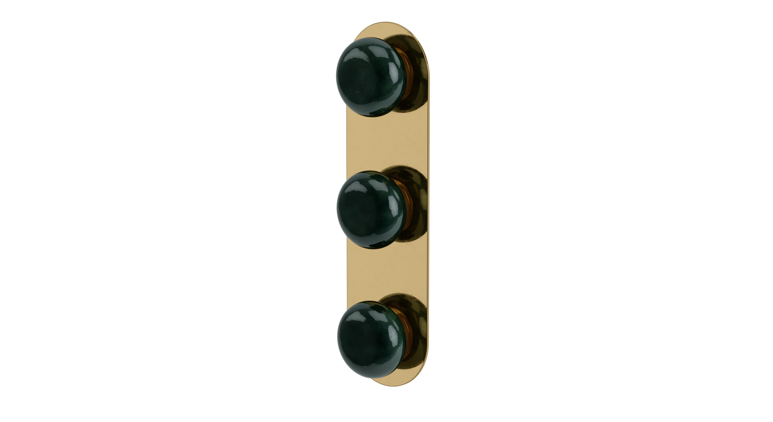 Foundry Three Handle Wall Mount Shower Trim with Pebble Ceramic Knob Handles in Uncoated Polished Brass