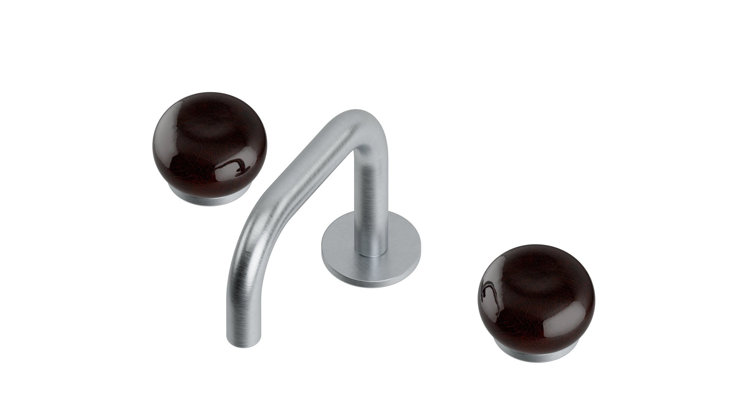 Foundry Two Handle Deck Mount Squaretop Lavatory Faucet with Pebble Ceramic Knob Handles in Satin Chrome
