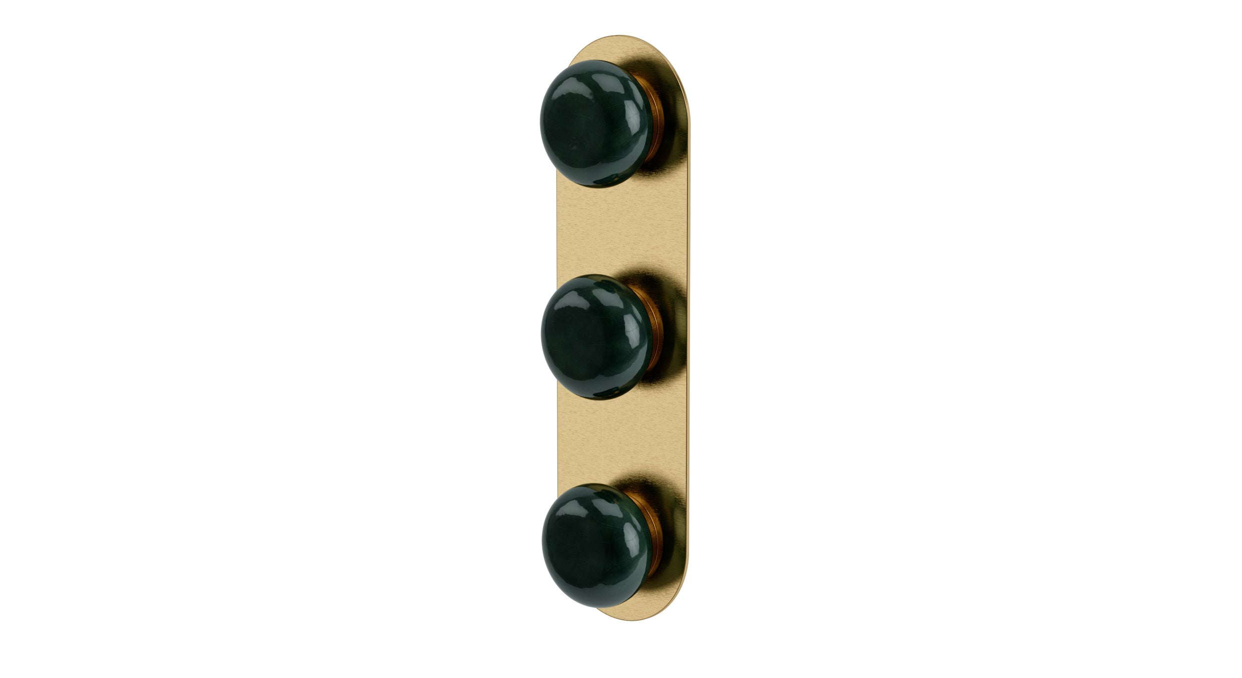 Foundry Three Handle Wall Mount Shower Trim with Pebble Ceramic Knob Handles in Satin Brass
