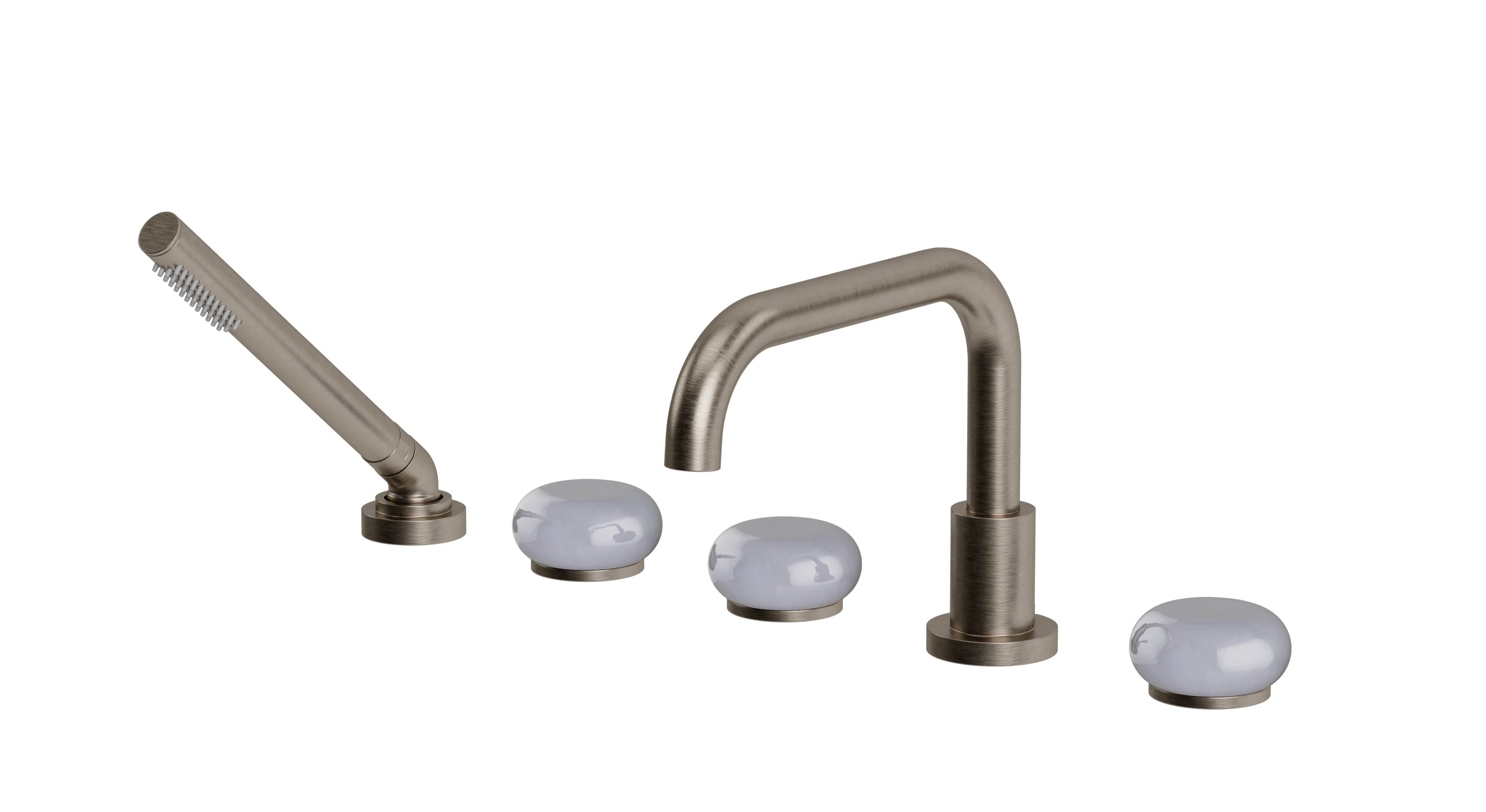 Foundry Three Handle Deck Mount Squaretop Bath Trim with Hand Shower and Pebble Ceramic Knob Handles in Antique Nickel