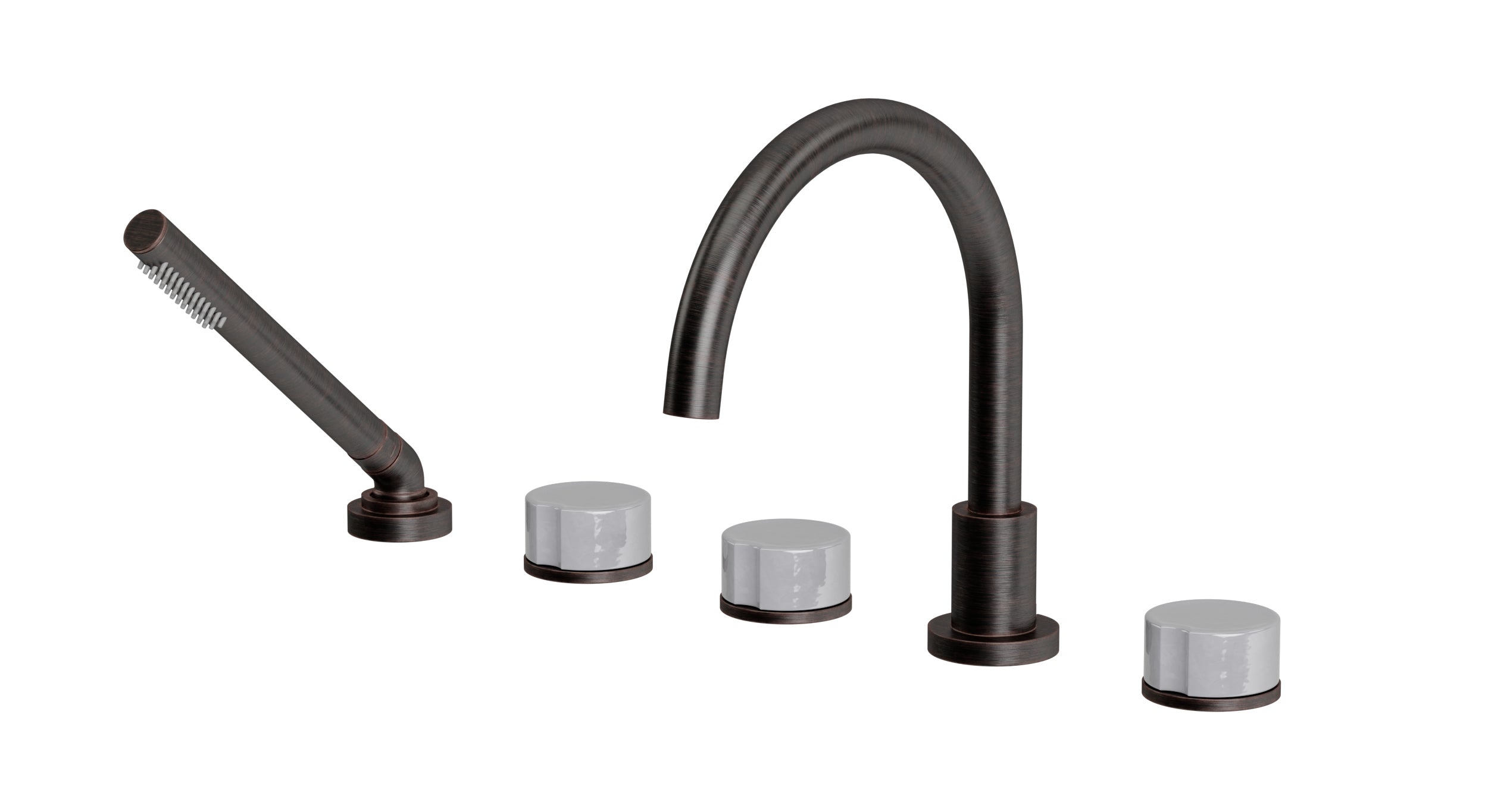 Foundry Three Handle Deck Mount Gooseneck Bath Trim with Hand Shower and Groove Ceramic Knob Handles in Antique Bronze