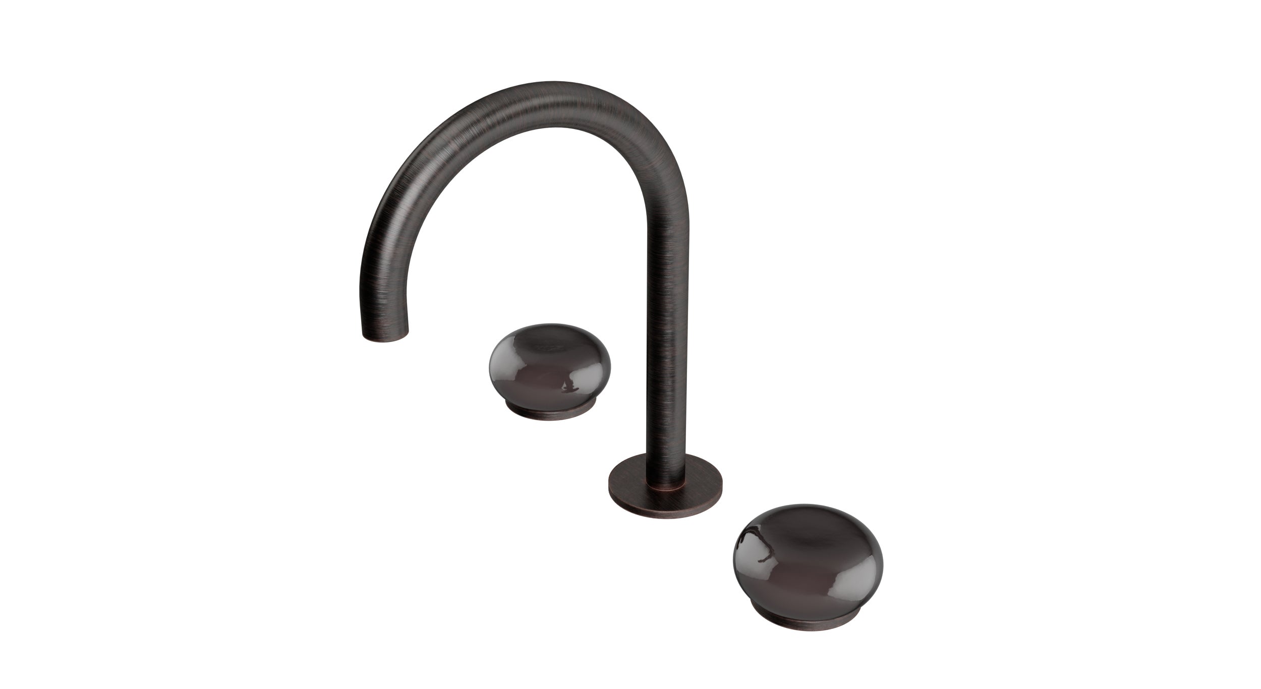 Foundry Two Handle Deck Mount Gooseneck Lavatory Faucet with Pebble Ceramic Knob Handles in Antique Bronze