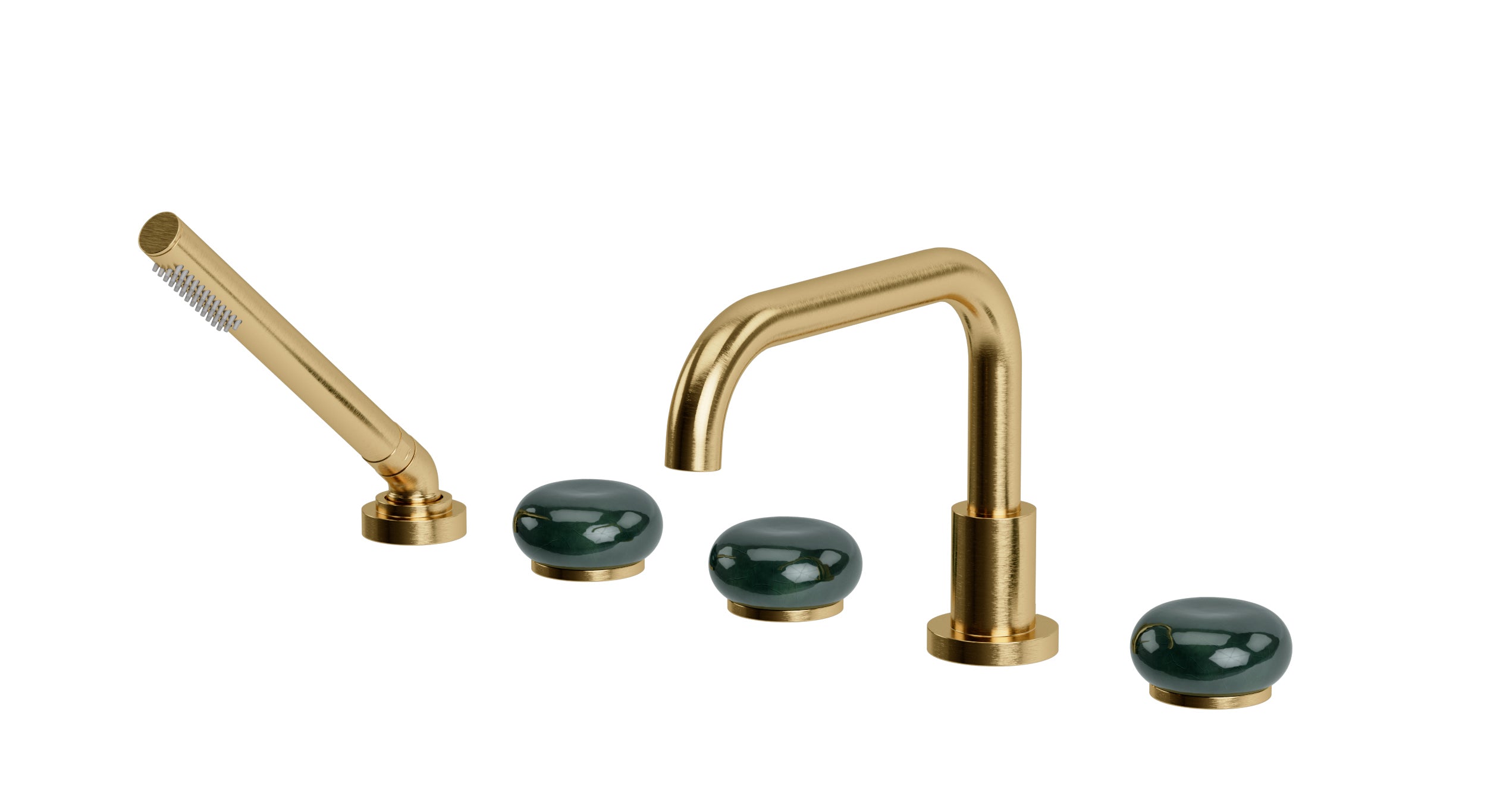 Foundry Three Handle Deck Mount Squaretop Bath Trim with Hand Shower and Pebble Ceramic Knob Handles in Satin Brass