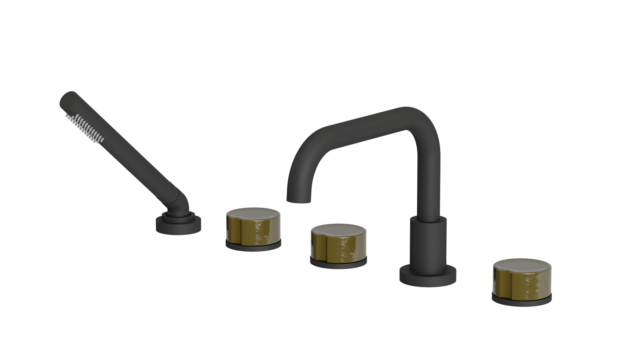Foundry Three Handle Deck Mount Squaretop Bath Trim with Hand Shower and Groove Ceramic Knob Handles in Matte Black