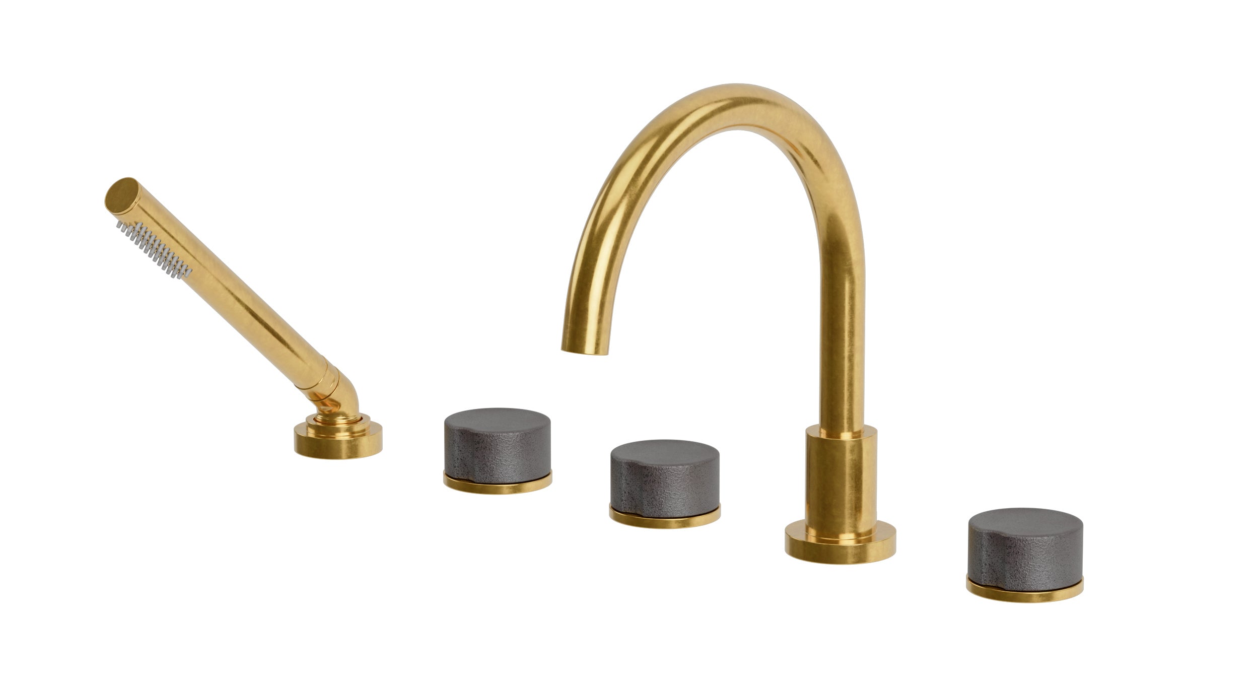 Foundry Three Handle Deck Mount Gooseneck Bath Trim with Hand Shower and Groove Ceramic Knob Handles in French Brass