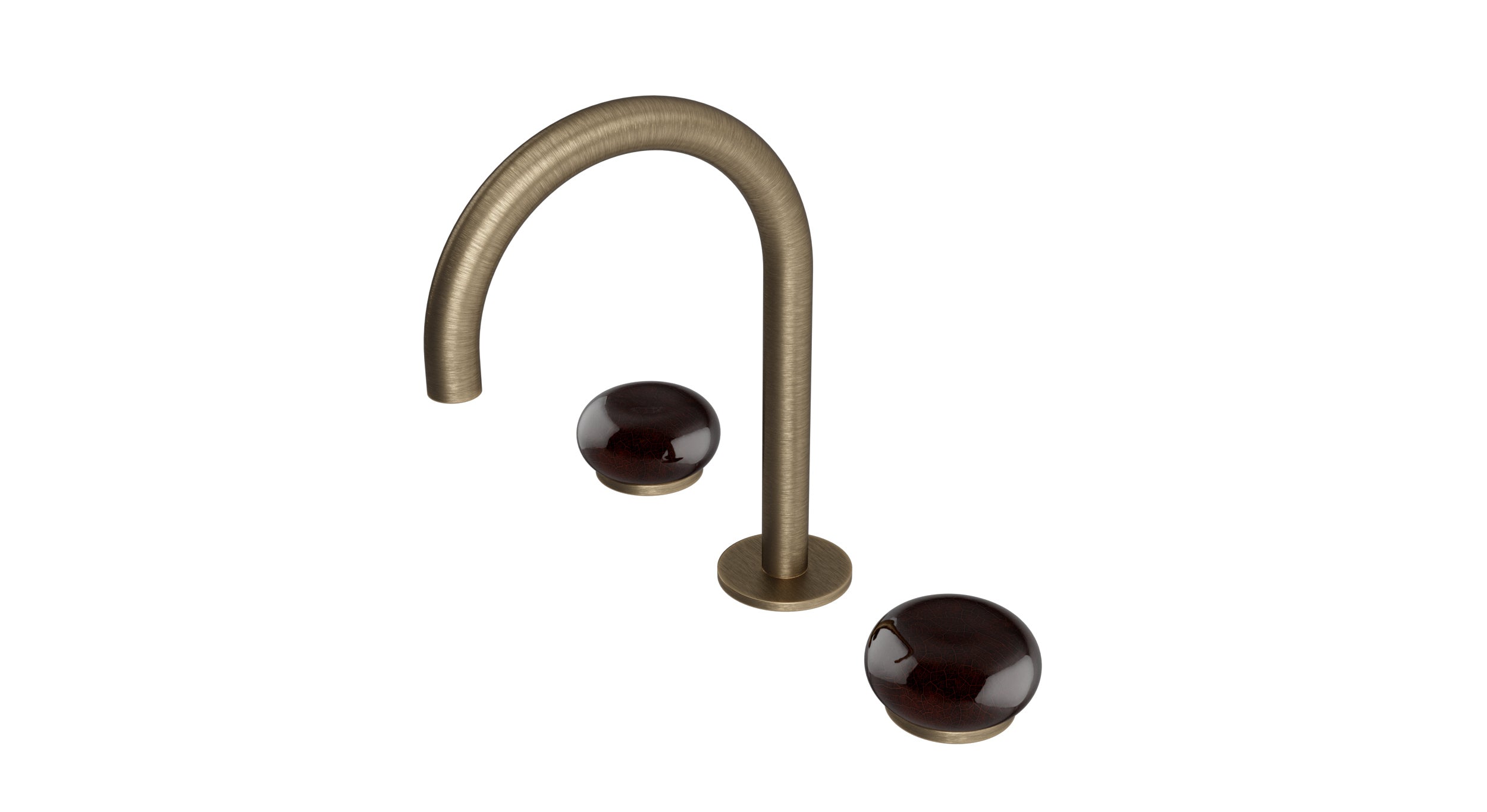 Foundry Two Handle Deck Mount Gooseneck Lavatory Faucet with Pebble Ceramic Knob Handles in Antique Brass