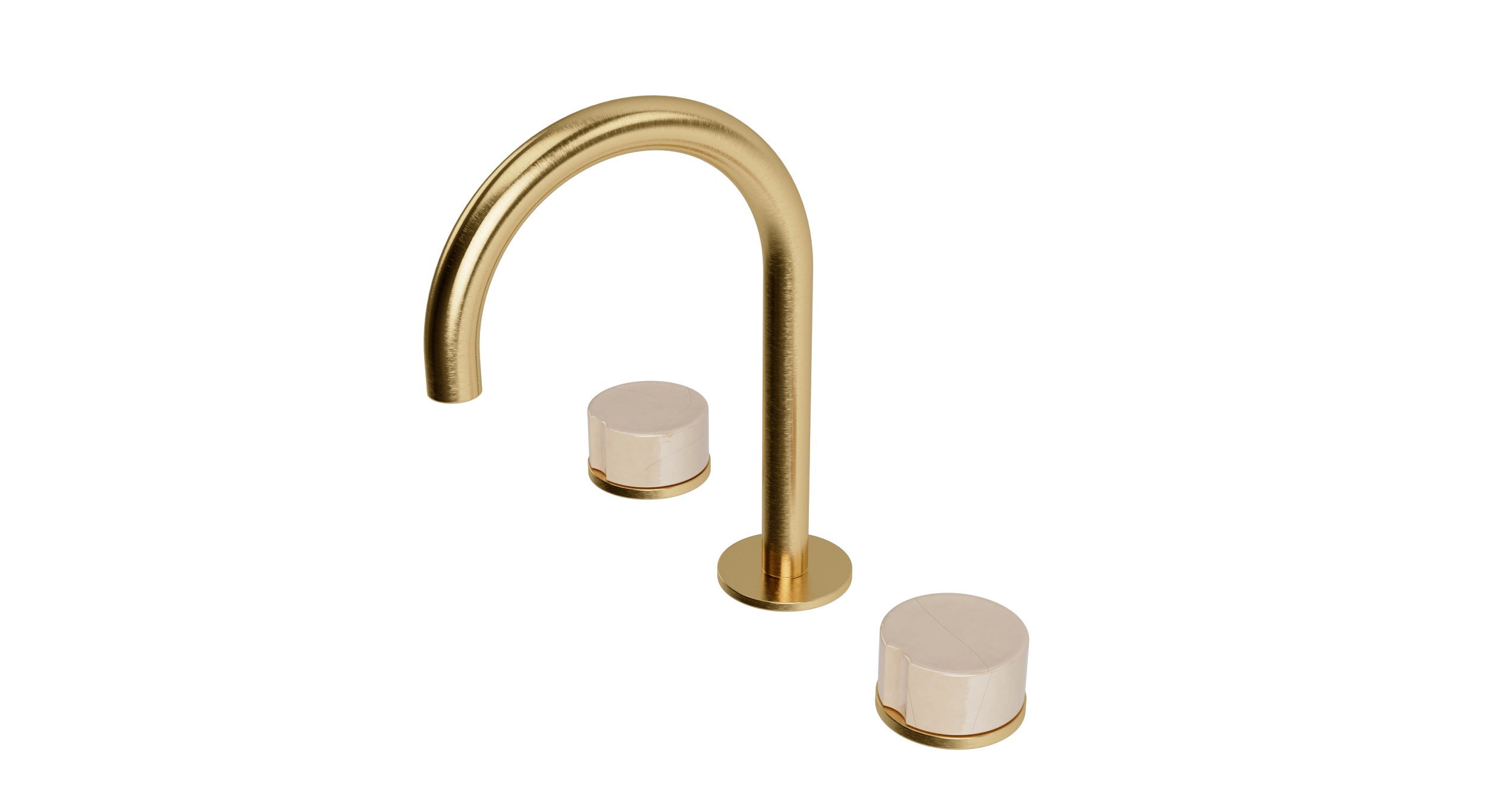 Foundry Two Handle Deck Mount Gooseneck Lavatory Faucet with Groove Ceramic Knob Handles in Satin Brass