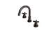 Flatiron Two Handle Deck Mount Short Gooseneck Lavatory Faucet with Linear Cross Handles in Antique Bronze