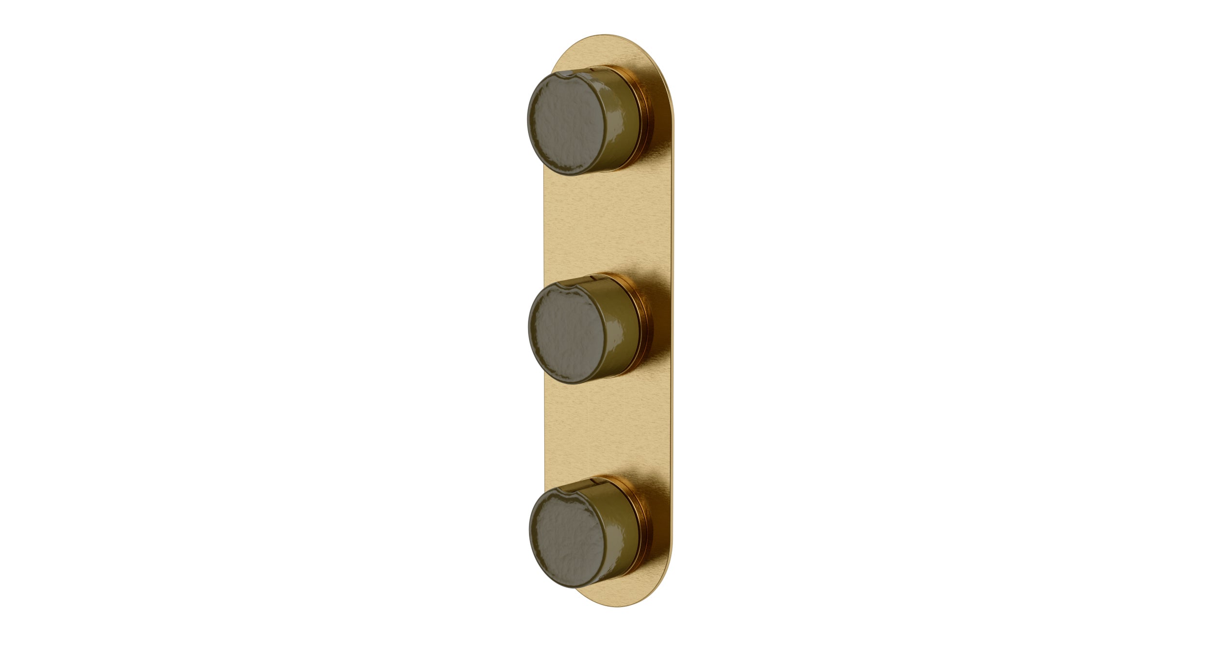 Foundry Three Handle Wall Mount Shower Trim with Groove Ceramic Knob Handles in Satin Brass