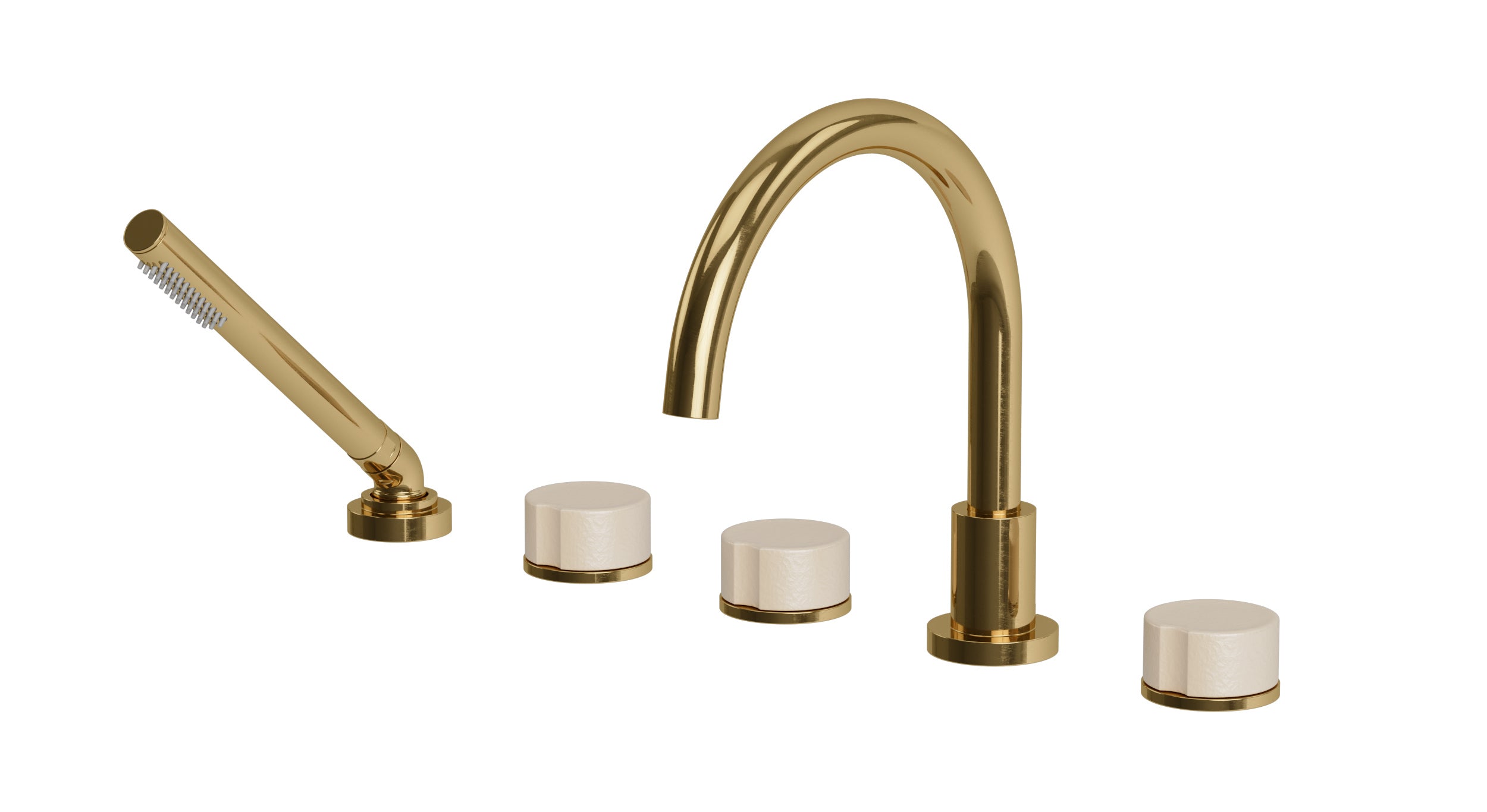 Foundry Three Handle Deck Mount Gooseneck Bath Trim with Hand Shower and Groove Ceramic Knob Handles in Uncoated Polished Brass