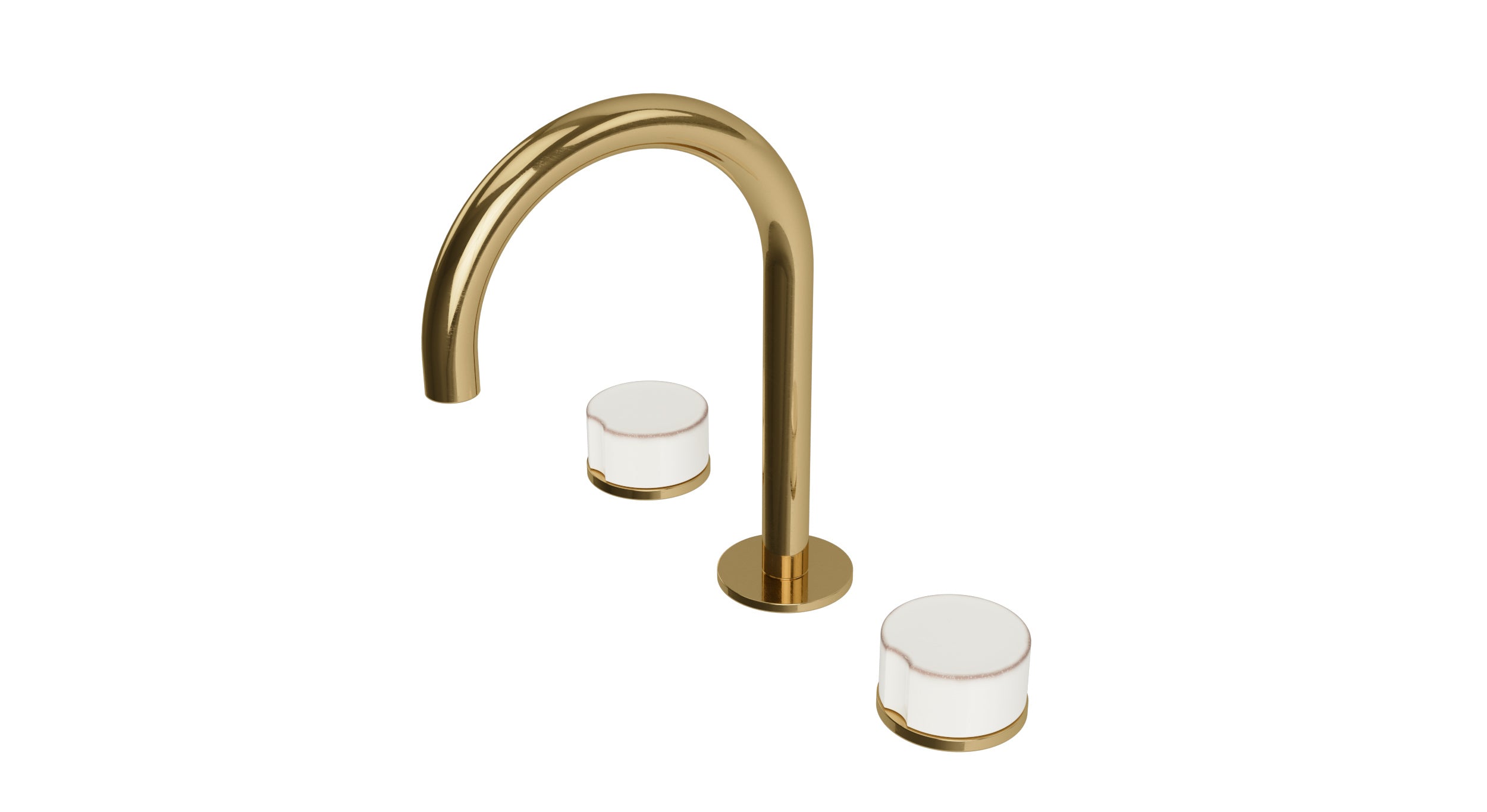 Foundry Two Handle Deck Mount Gooseneck Lavatory Faucet with Groove Ceramic Knob Handles in Uncoated Polished Brass