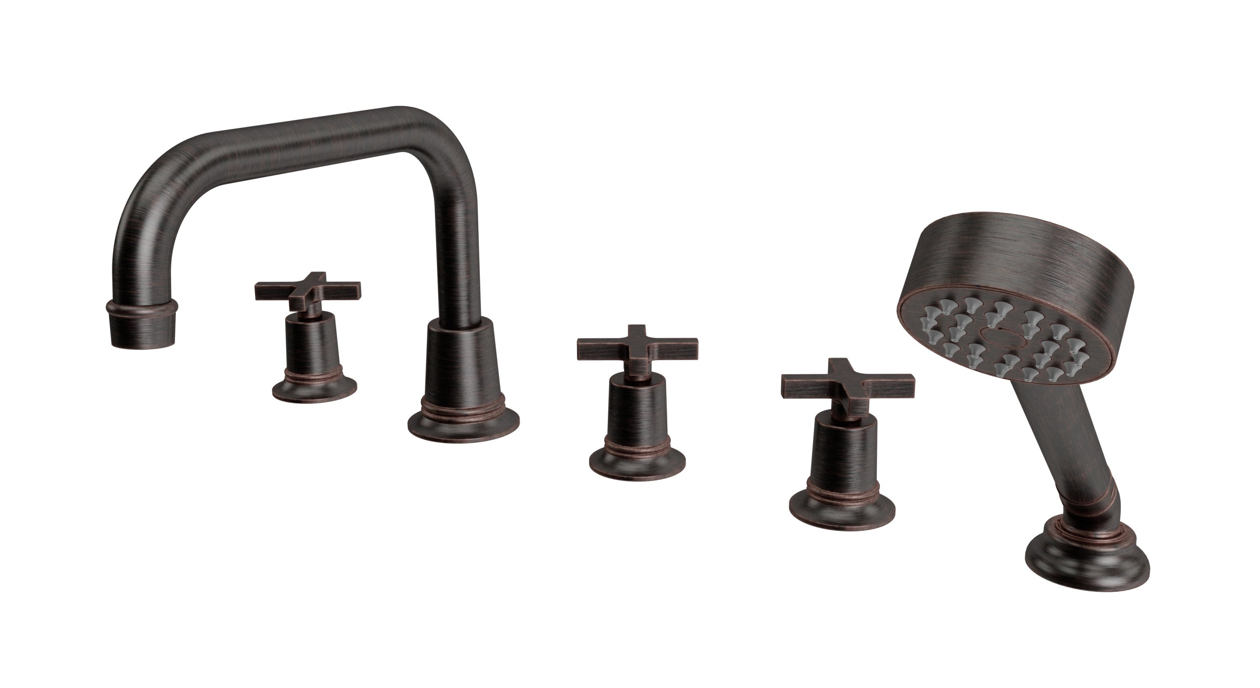Emerson Three Handle Deck Mount Squaretop Bath Trim with Hand Shower and Classic Cross Handles in Antique Bronze