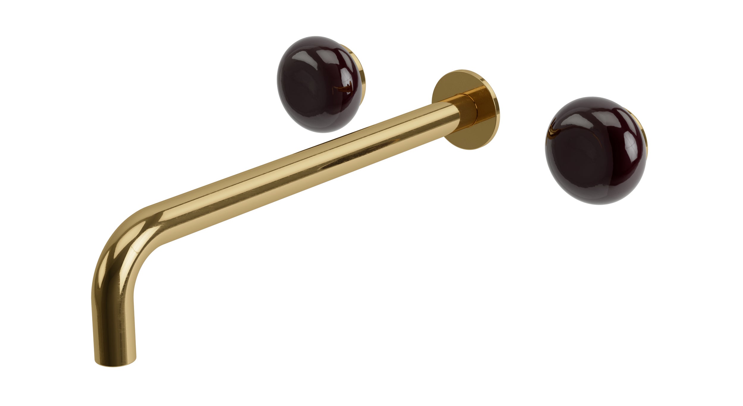 Foundry Two Handle Wall Mount 12" Lavatory Faucet with Pebble Ceramic Knob Handles in Uncoated Polished Brass