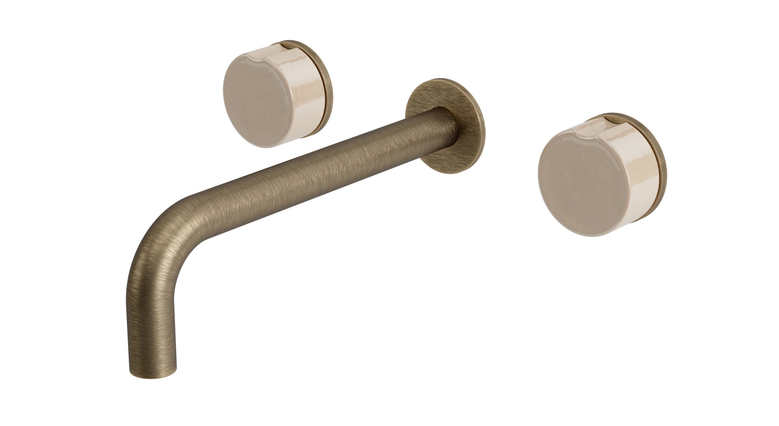 Foundry Two Handle Wall Mount 7.5" Lavatory Faucet with Groove Ceramic Knob Handles in Antique Brass