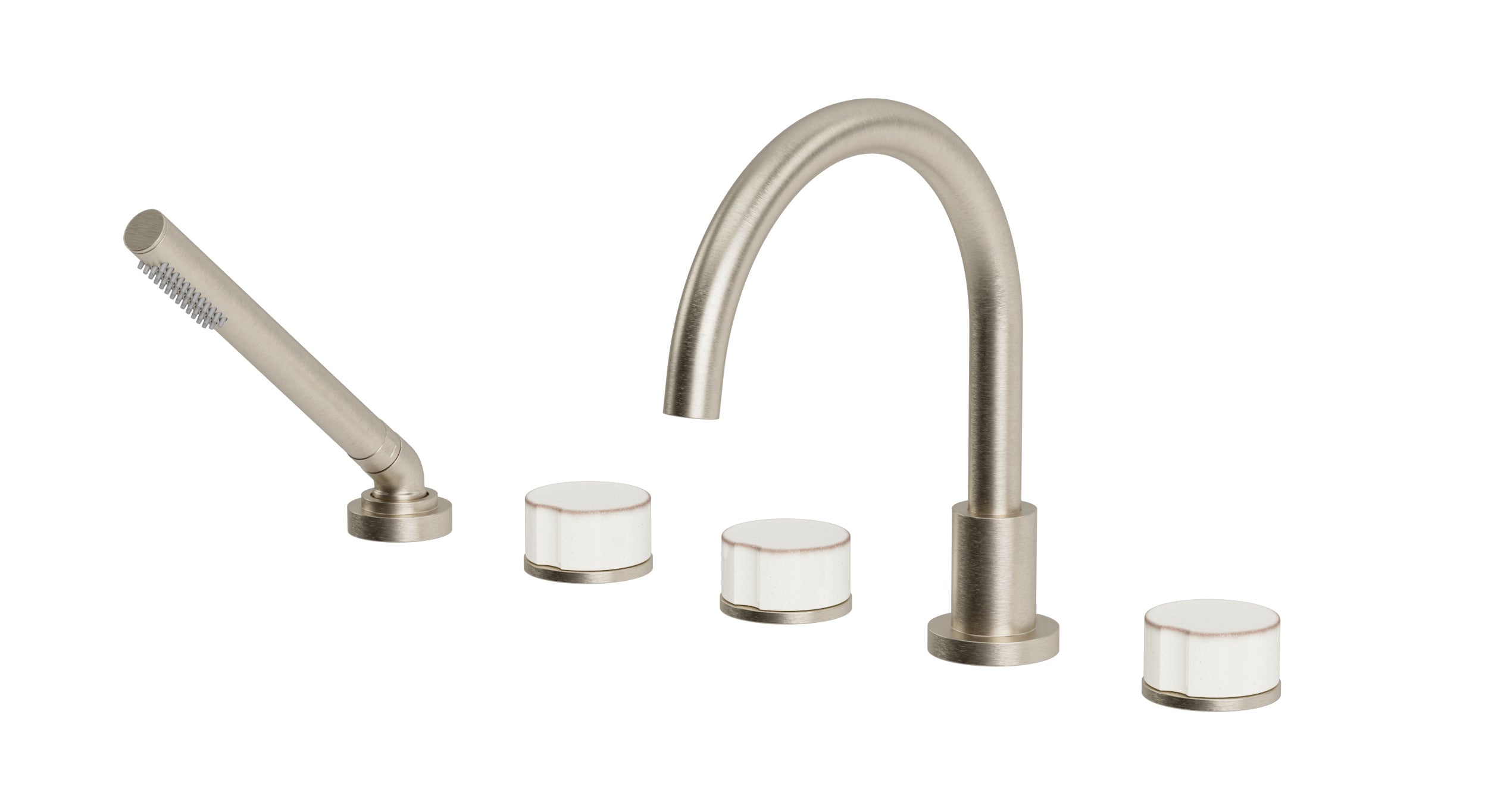 Foundry Three Handle Deck Mount Gooseneck Bath Trim with Hand Shower and Groove Ceramic Knob Handles in Satin Nickel