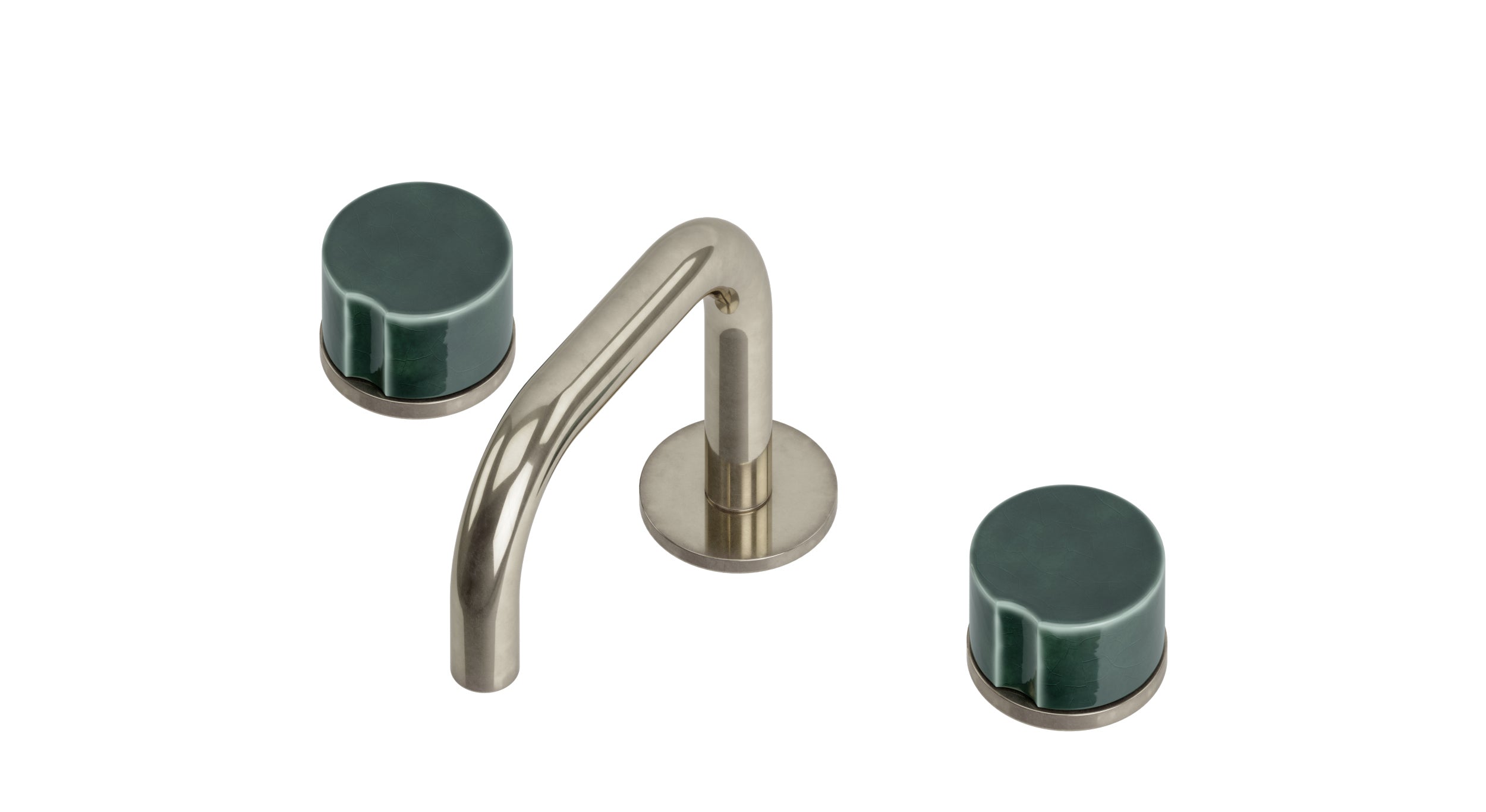 Foundry Two Handle Deck Mount Squaretop Lavatory Faucet with Groove Ceramic Knob Handles in French Nickel