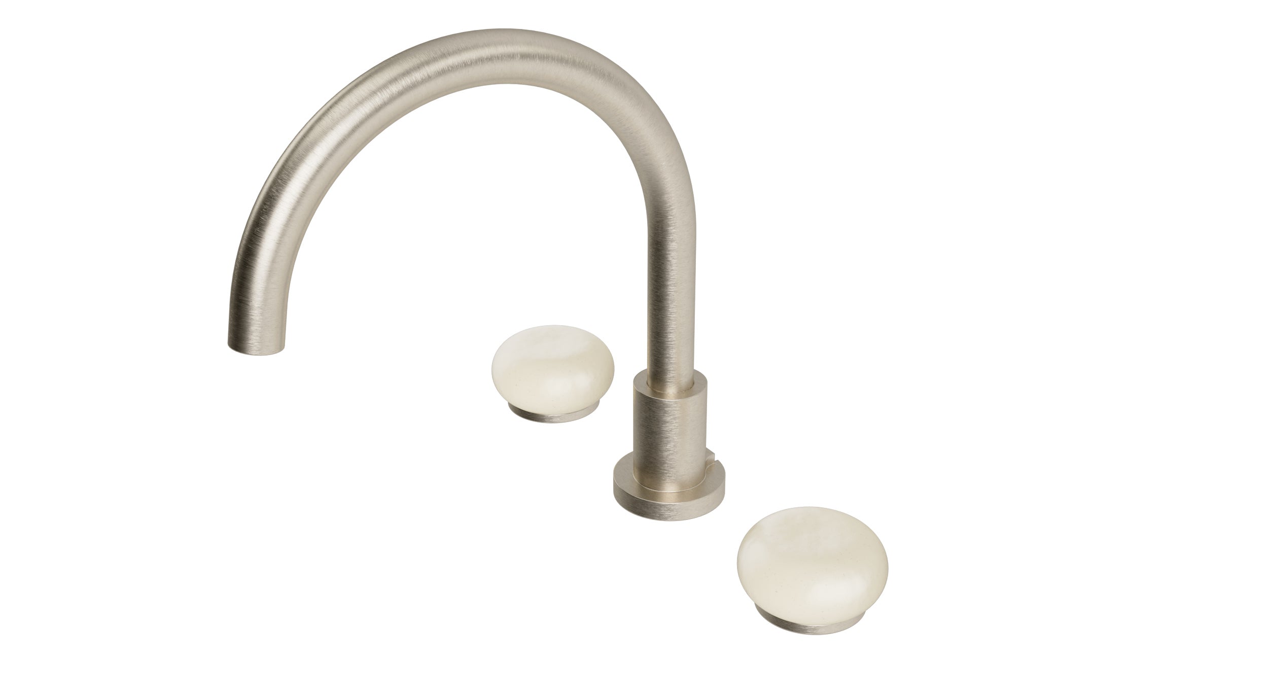 Foundry Two Handle Deck Mount Gooseneck Bath Trim with Pebble Ceramic Knob Handles in Satin Nickel