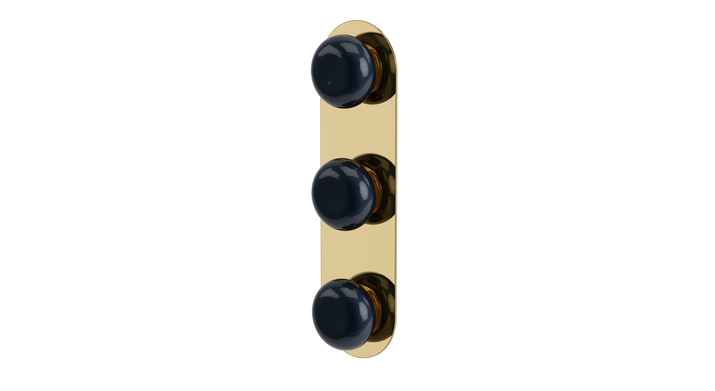 Foundry Three Handle Wall Mount Shower Trim with Pebble Ceramic Knob Handles in Polished Brass