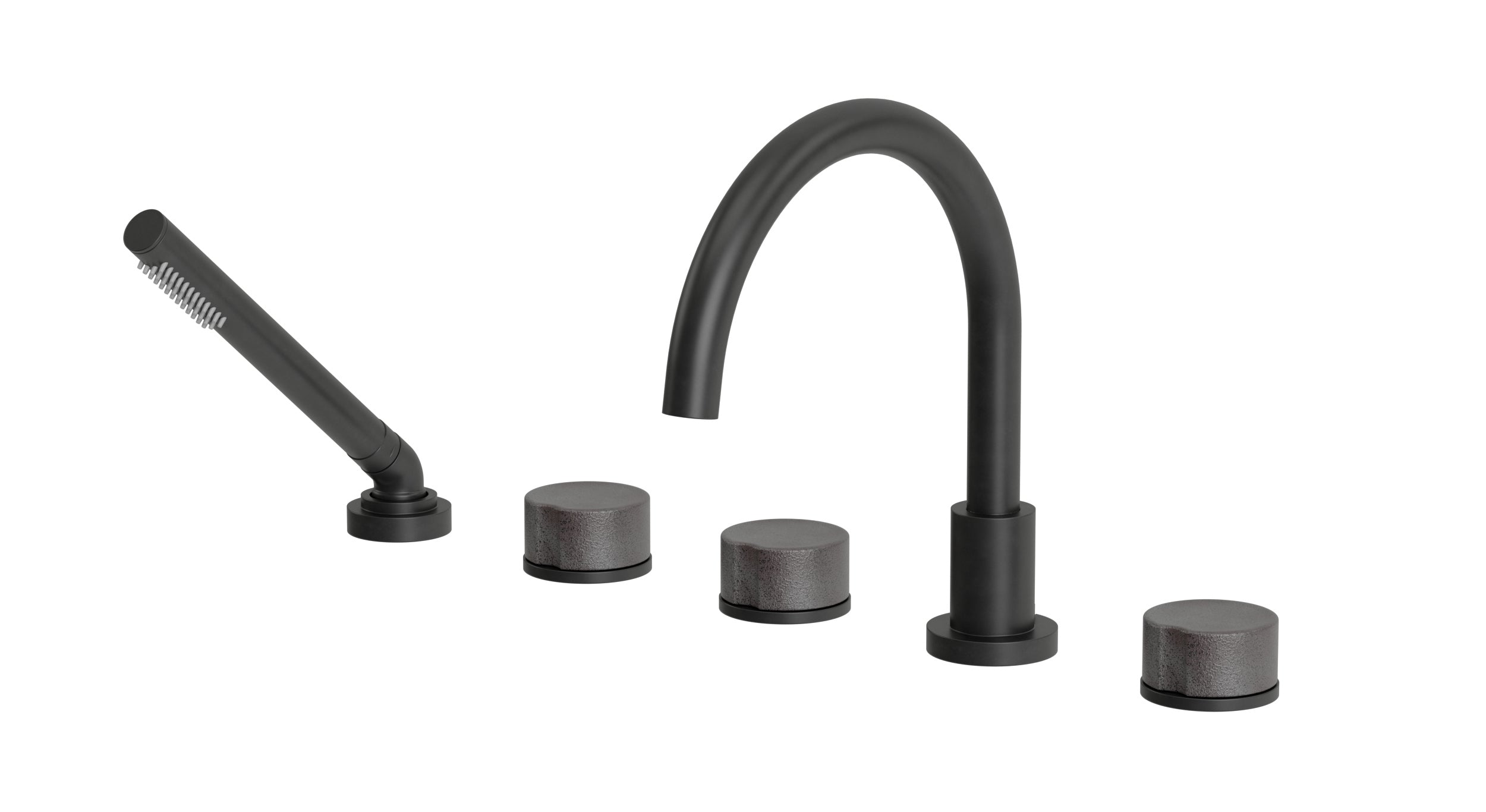Foundry Three Handle Deck Mount Gooseneck Bath Trim with Hand Shower and Groove Ceramic Knob Handles in Oil Rubbed Bronze