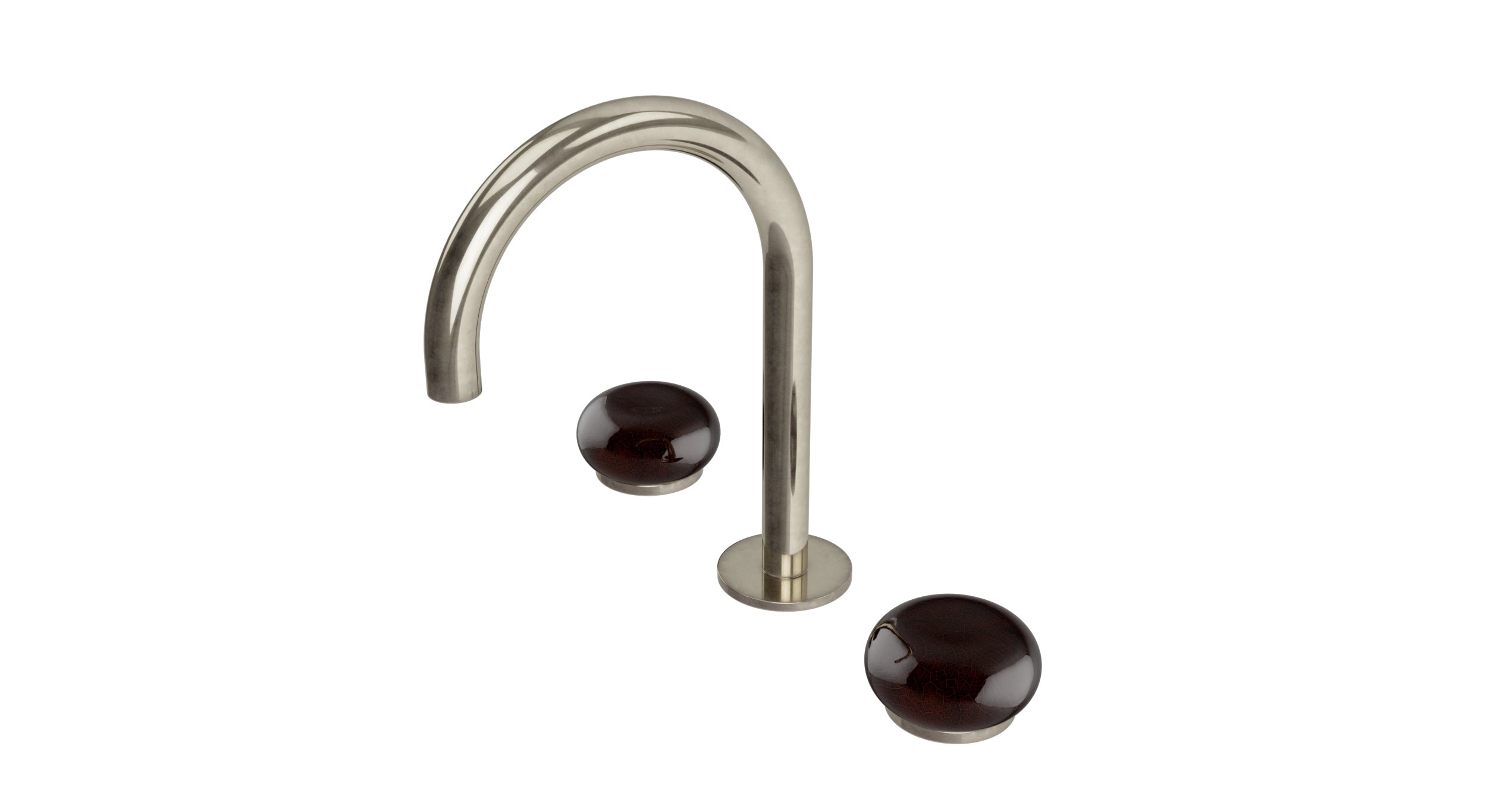 Foundry Two Handle Deck Mount Gooseneck Lavatory Faucet with Pebble Ceramic Knob Handles in French Nickel