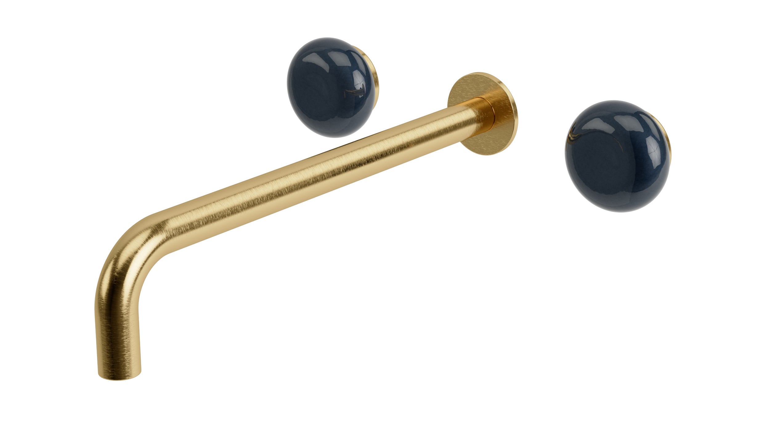 Foundry Two Handle Wall Mount 12" Lavatory Faucet with Pebble Ceramic Knob Handles in Satin Brass