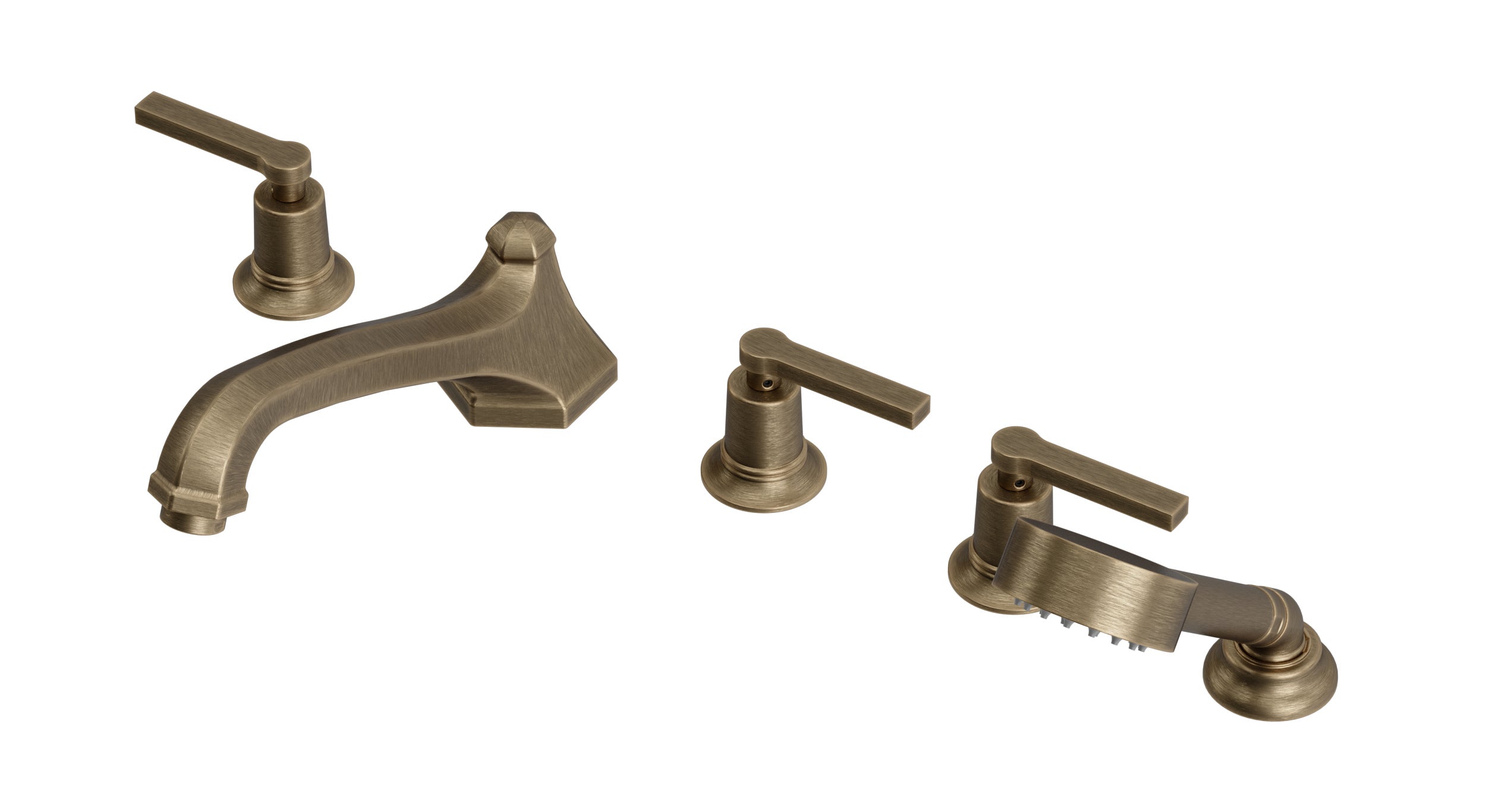 Emerson Three Handle Deck Mount Low Hexagon Bath Trim with Hand Shower and Classic Lever Handles in Antique Brass