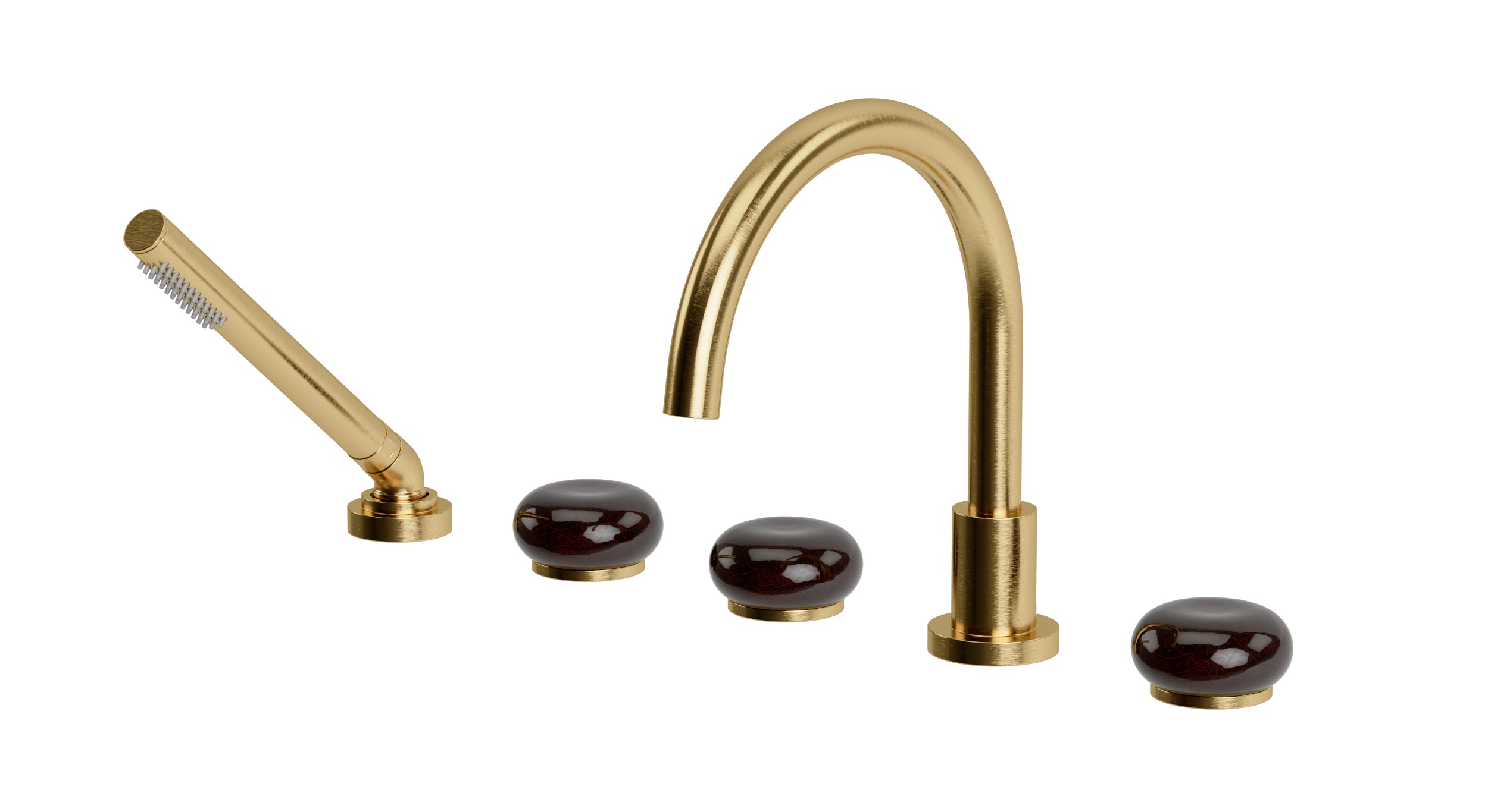 Foundry Three Handle Deck Mount Gooseneck Bath Trim with Hand Shower and Pebble Ceramic Knob Handles in Satin Brass
