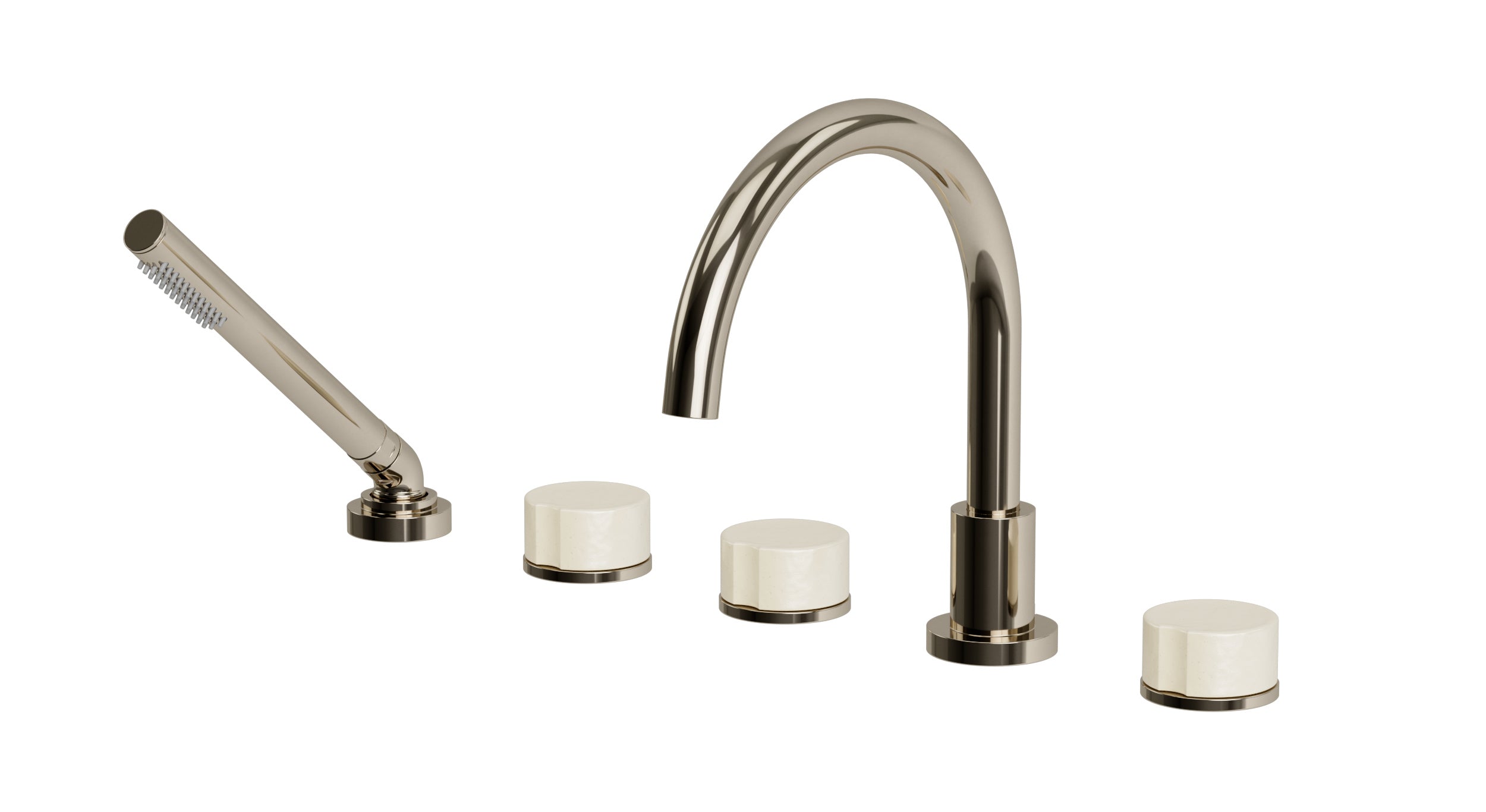 Foundry Three Handle Deck Mount Gooseneck Bath Trim with Hand Shower and Groove Ceramic Knob Handles in Polished Nickel
