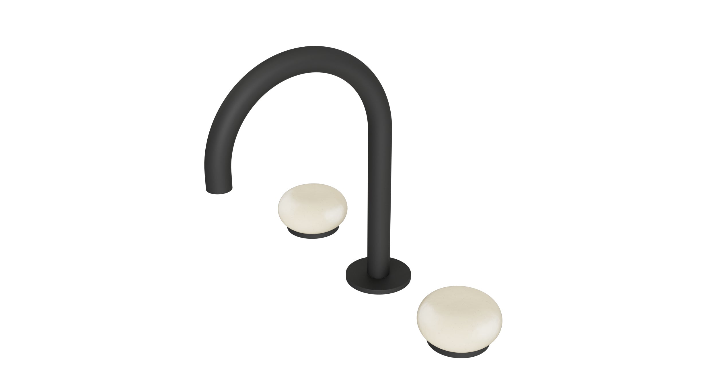 Foundry Two Handle Deck Mount Gooseneck Lavatory Faucet with Pebble Ceramic Knob Handles in Matte Black