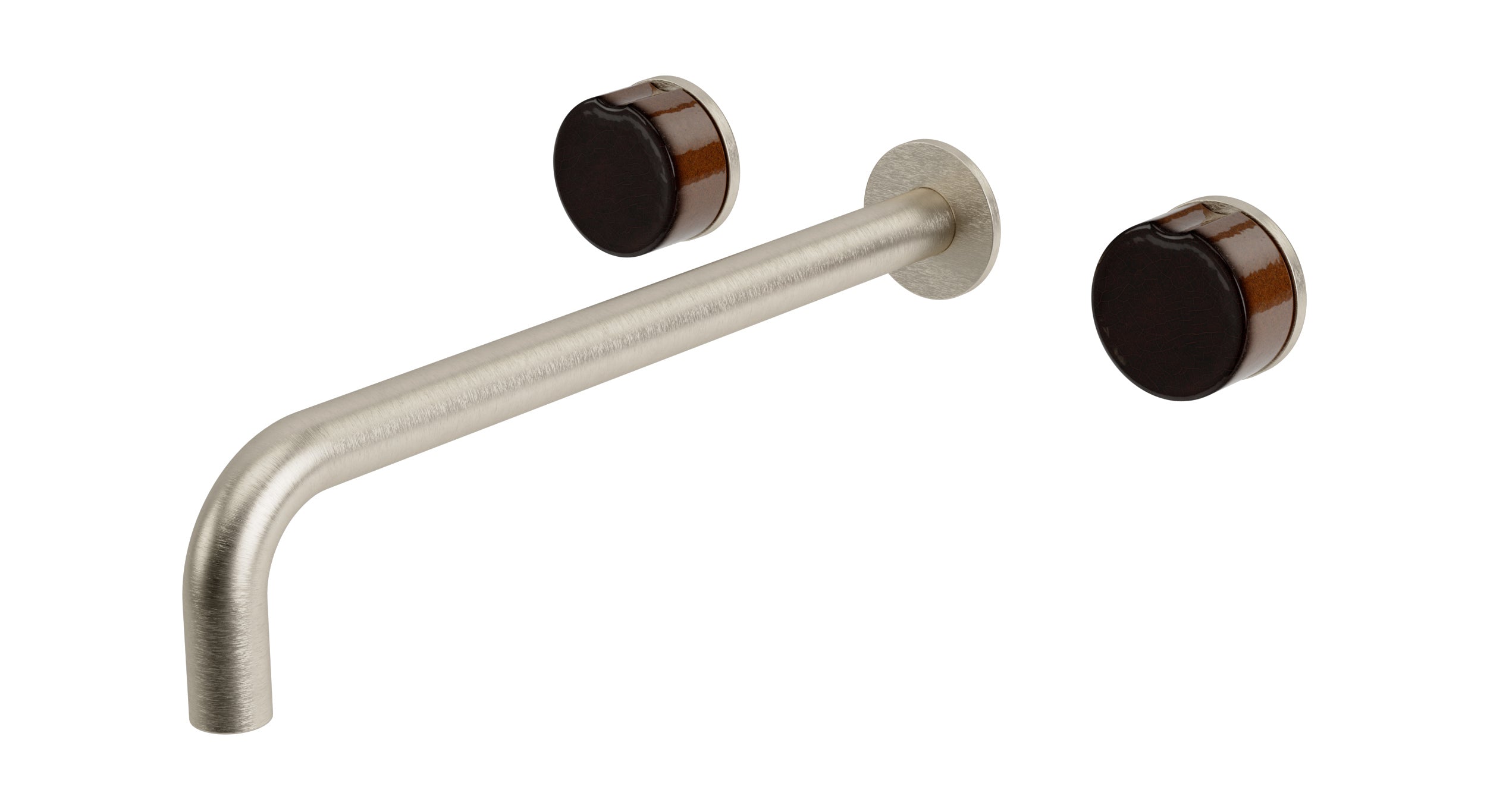 Foundry Two Handle Wall Mount 12" Lavatory Faucet with Groove Ceramic Knob Handles in Satin Nickel