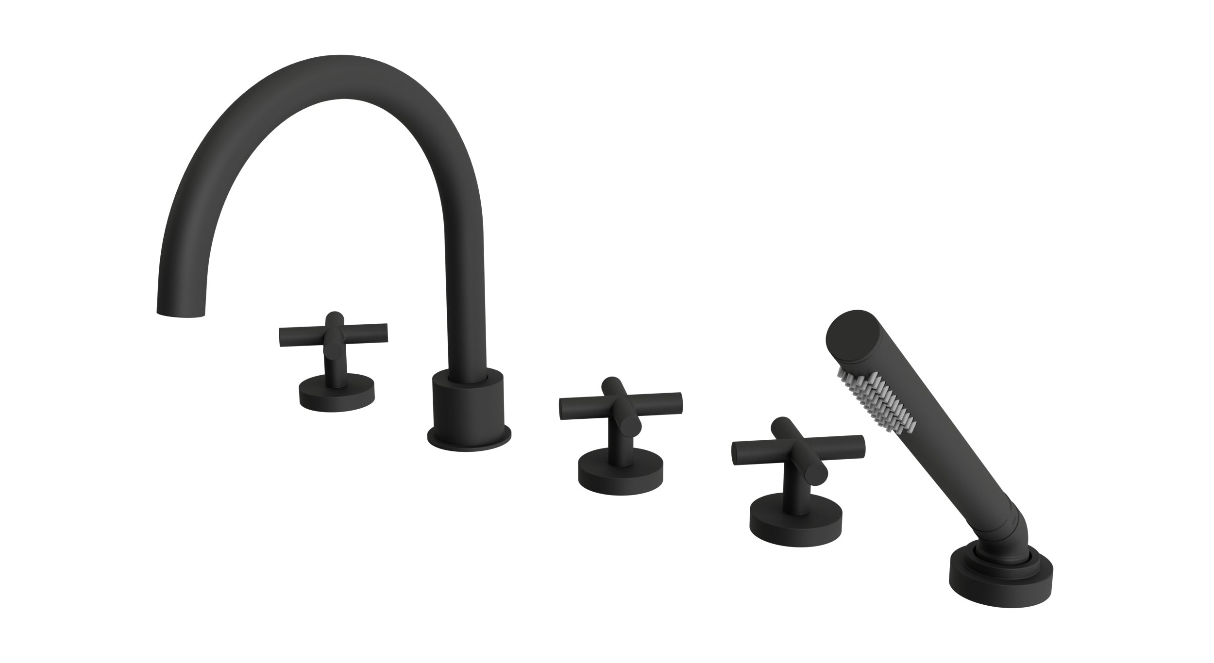 Contour Three Handle Deck Mount Gooseneck Bath Trim with Hand Shower and Soft Cross Handles in Matte Black