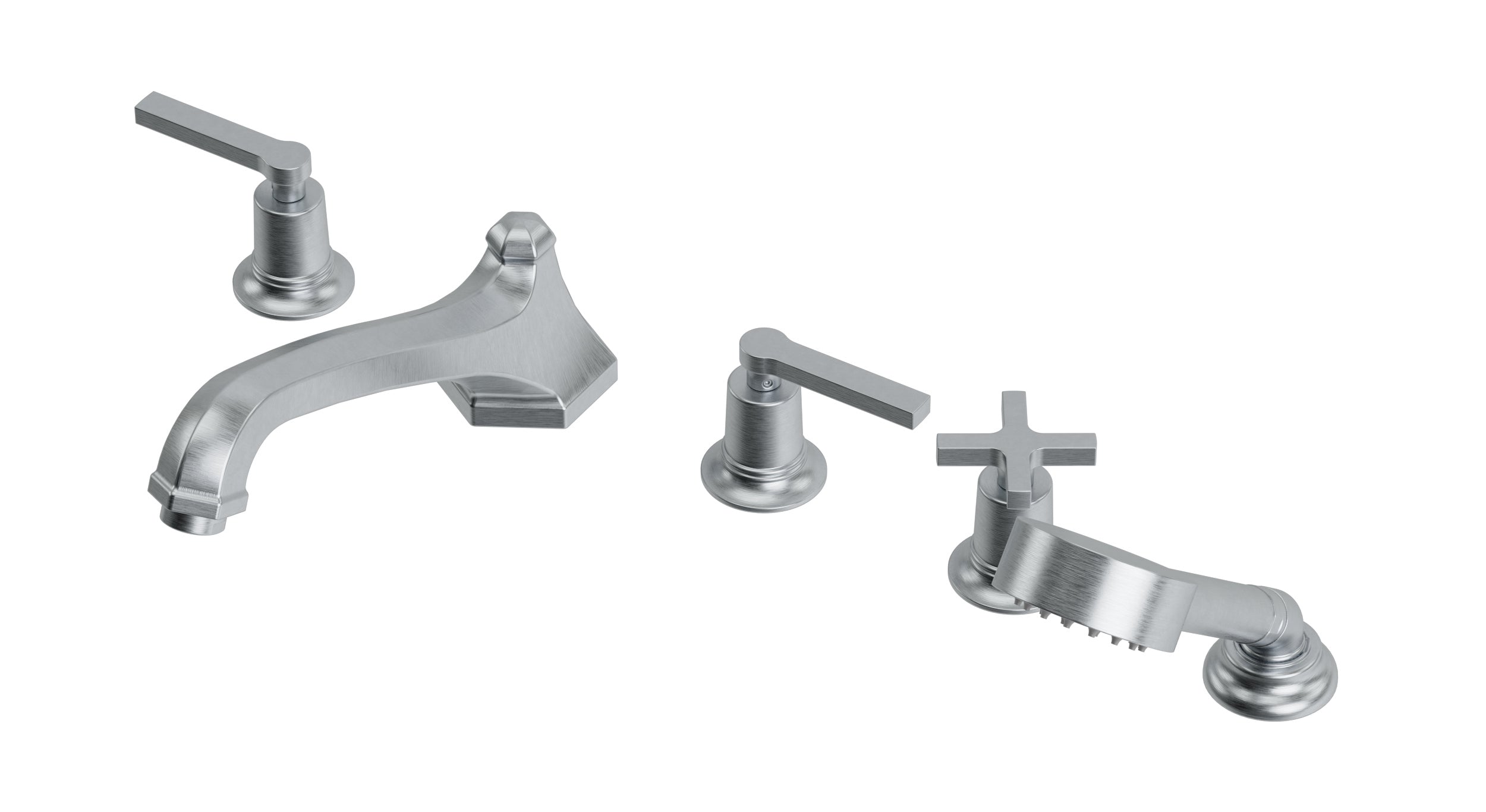 Emerson Three Handle Deck Mount Low Hexagon Bath Trim with Hand Shower and Classic Cross/Classic Lever Handles in Satin Chrome
