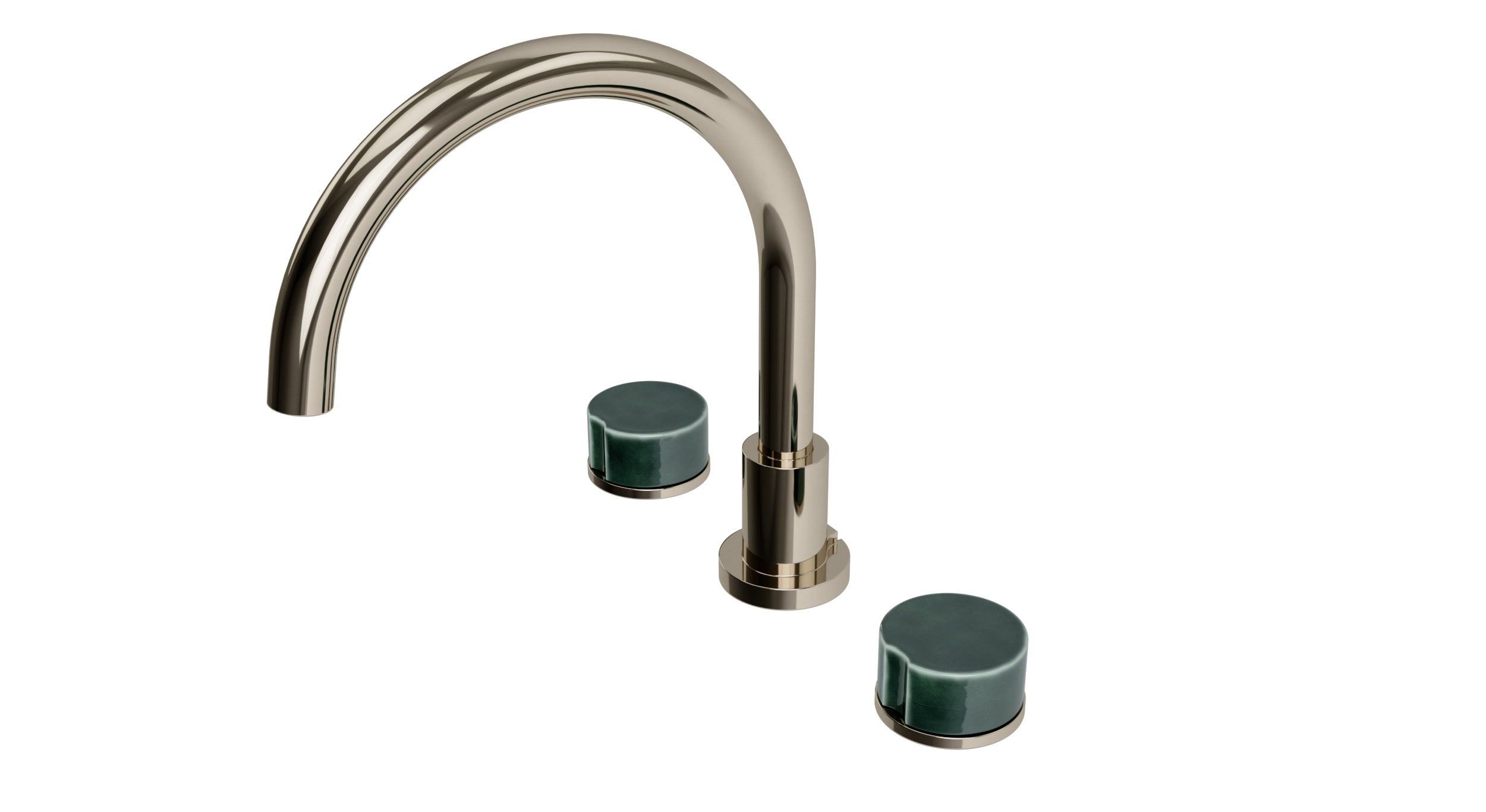 Foundry Two Handle Deck Mount Gooseneck Bath Trim with Groove Ceramic Knob Handles in Polished Nickel