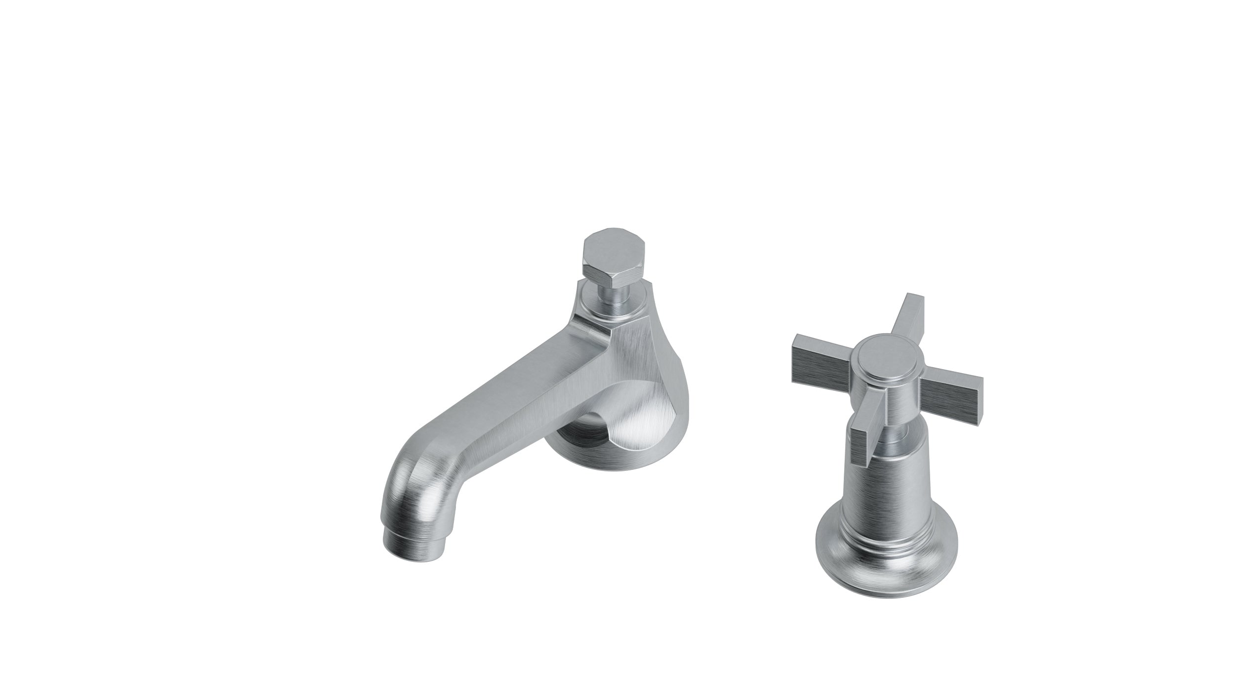 Emerson One Handle Deck Mount Low Hexagon Lavatory Faucet with Defined Cross Handle in Satin Chrome