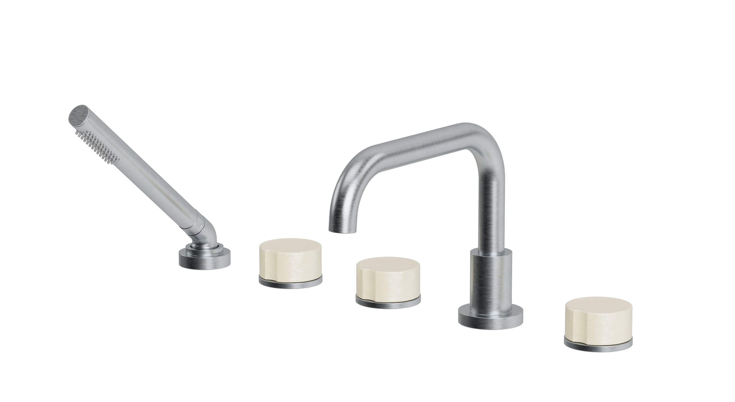 Foundry Three Handle Deck Mount Squaretop Bath Trim with Hand Shower and Groove Ceramic Knob Handles in Satin Chrome