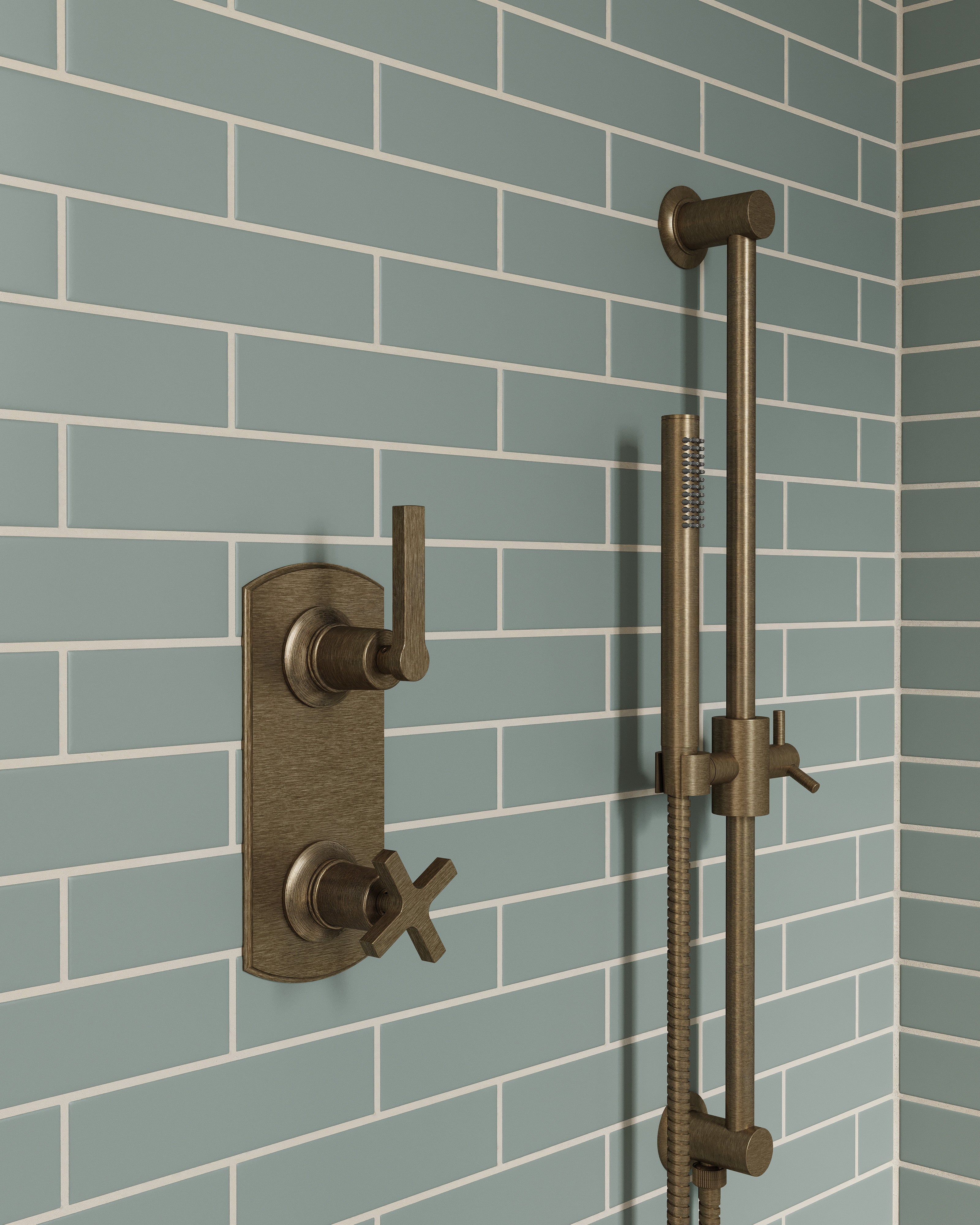 Emerson Two Handle Wall Mount Shower Trim with Classic Cross/Classic Lever Handles in Antique Brass