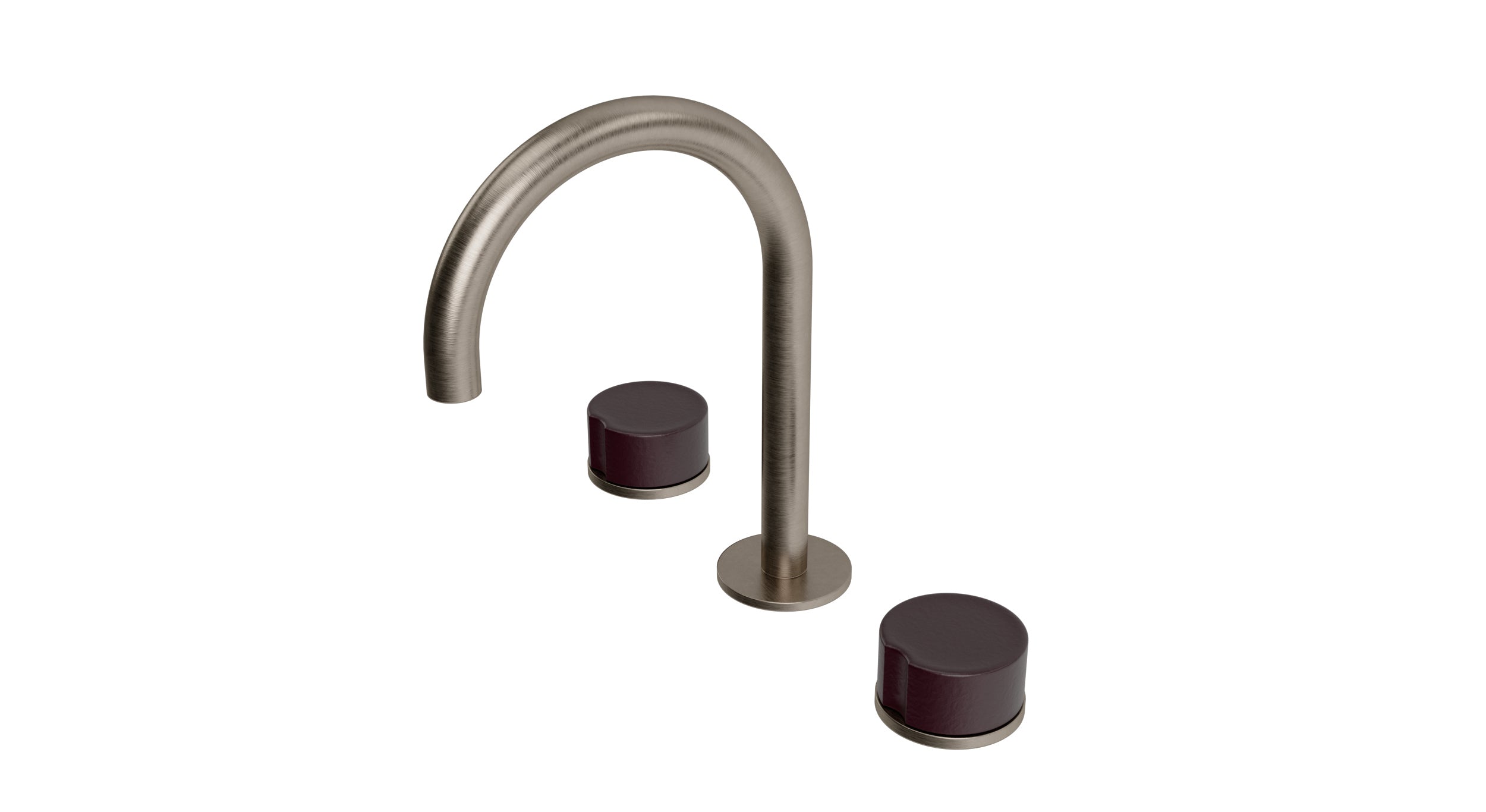 Foundry Two Handle Deck Mount Gooseneck Lavatory Faucet with Groove Ceramic Knob Handles in Antique Nickel