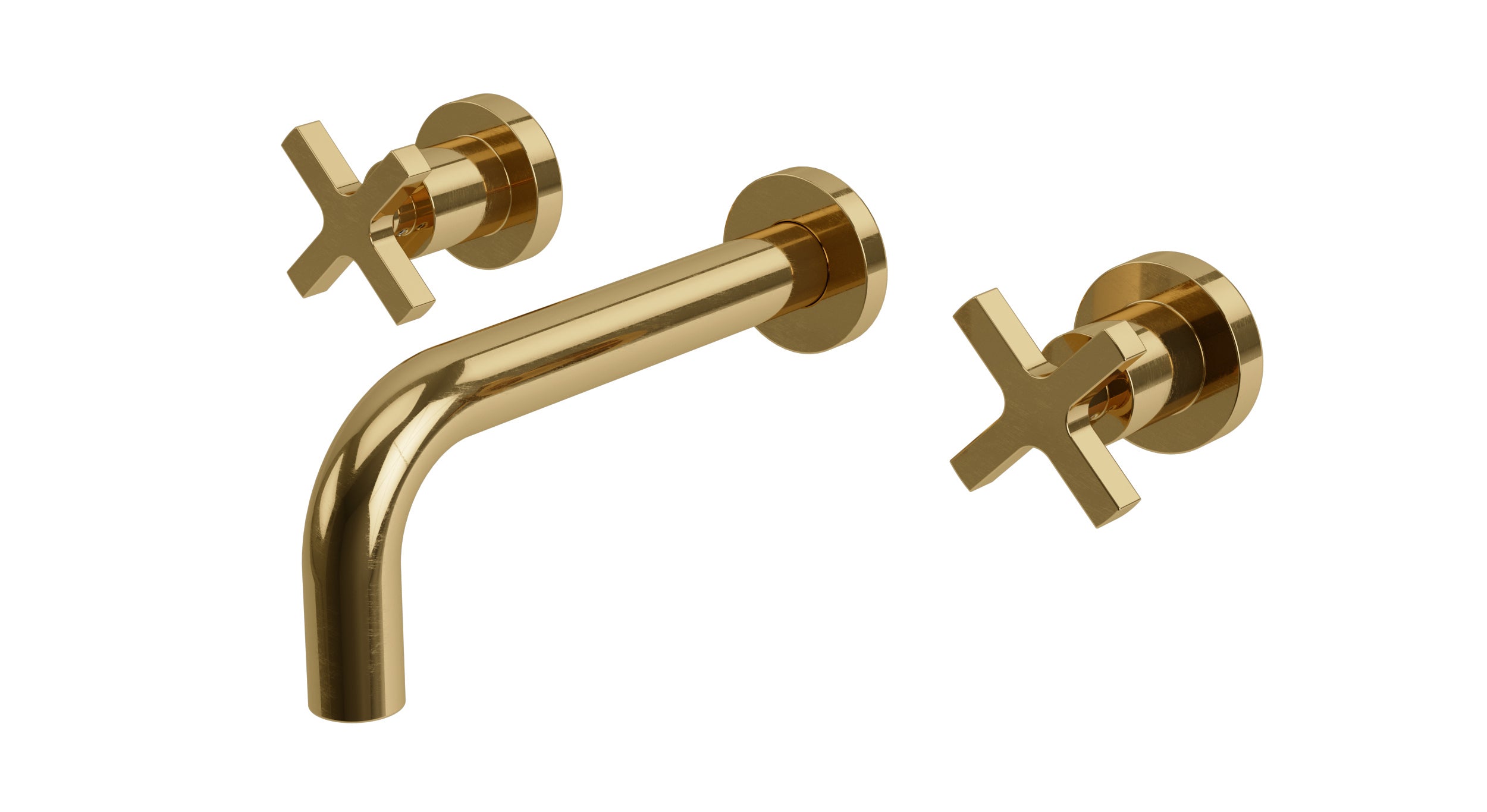 Flatiron Two Handle Wall Mount 7.5" Lavatory Faucet with Linear Cross Handles in Uncoated Polished Brass