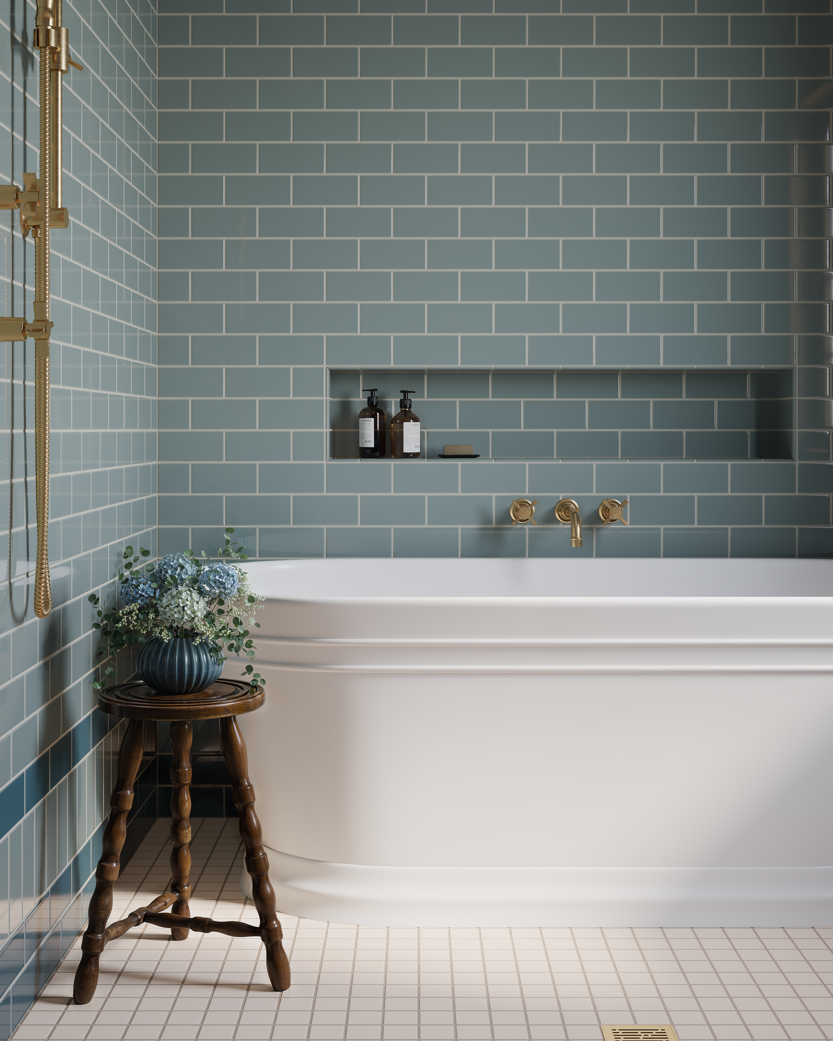 Emerson Two Handle Wall Mount Bath Trim with Classic Cross Handles in Satin Brass