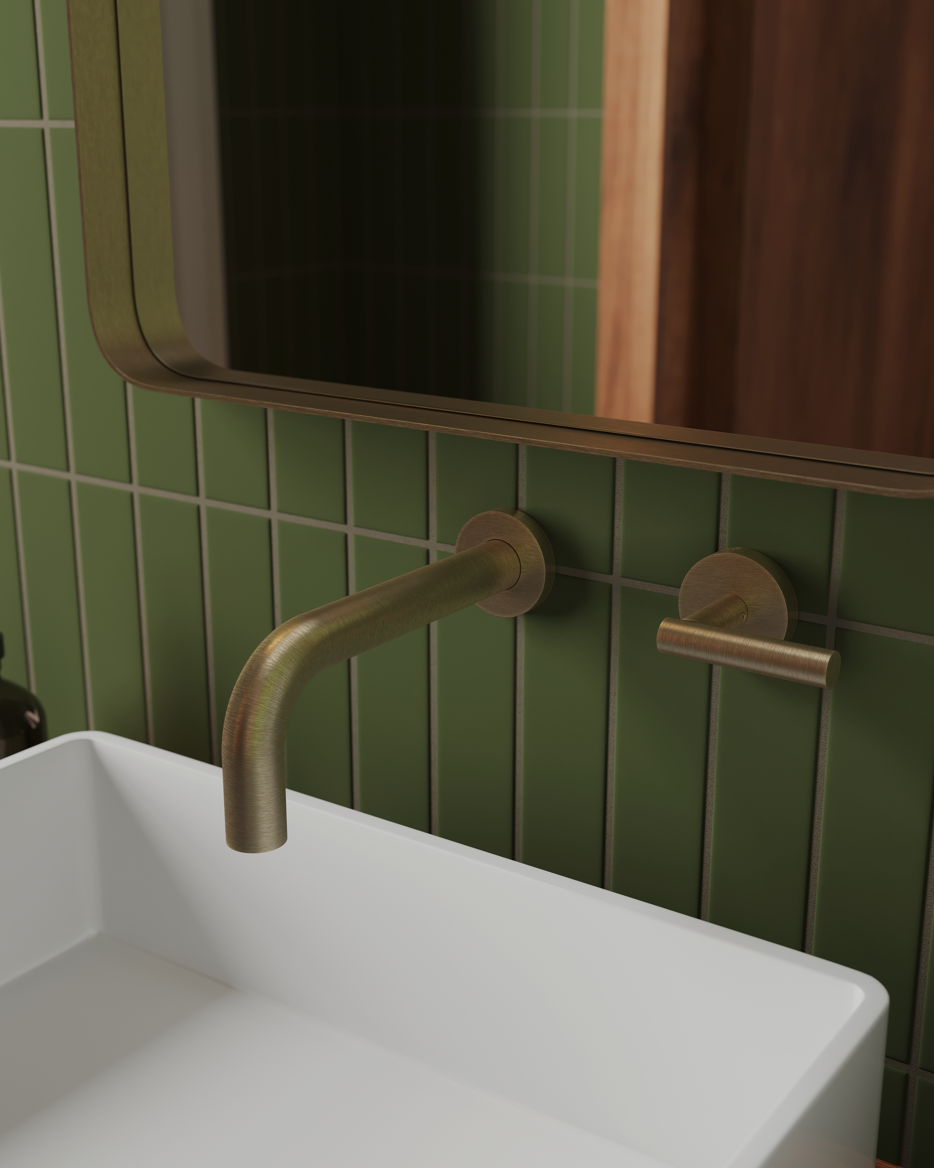 Contour One Handle Wall Mount 7.5" Lavatory Faucet with Soft Lever Handle in Antique Brass