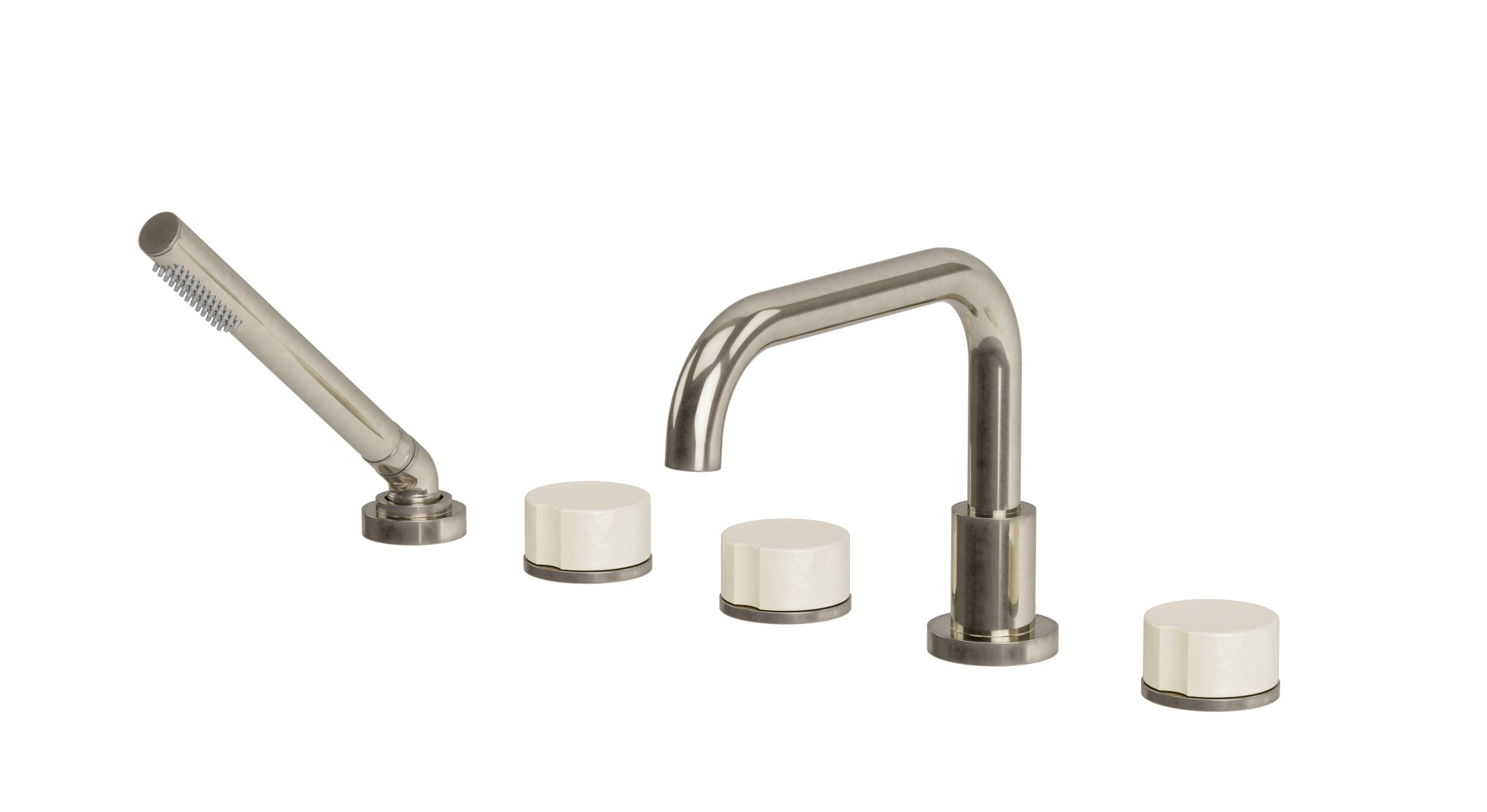 Foundry Three Handle Deck Mount Squaretop Bath Trim with Hand Shower and Groove Ceramic Knob Handles in French Nickel